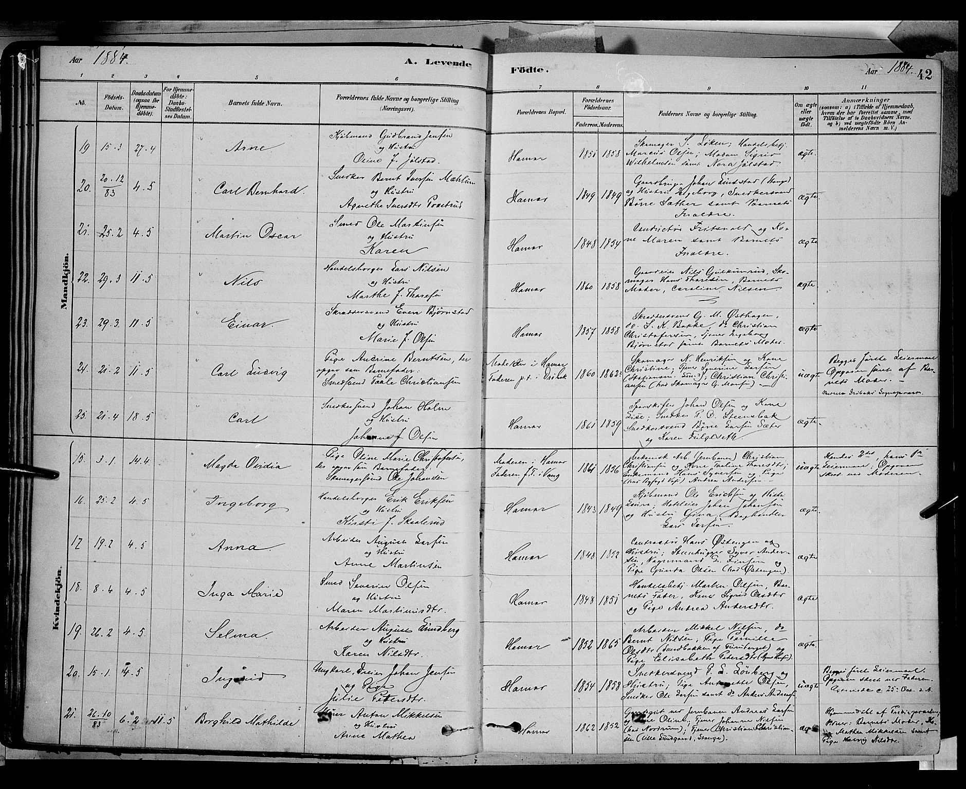 Vang prestekontor, Hedmark, SAH/PREST-008/H/Ha/Haa/L0016: Parish register (official) no. 16, 1878-1889, p. 42