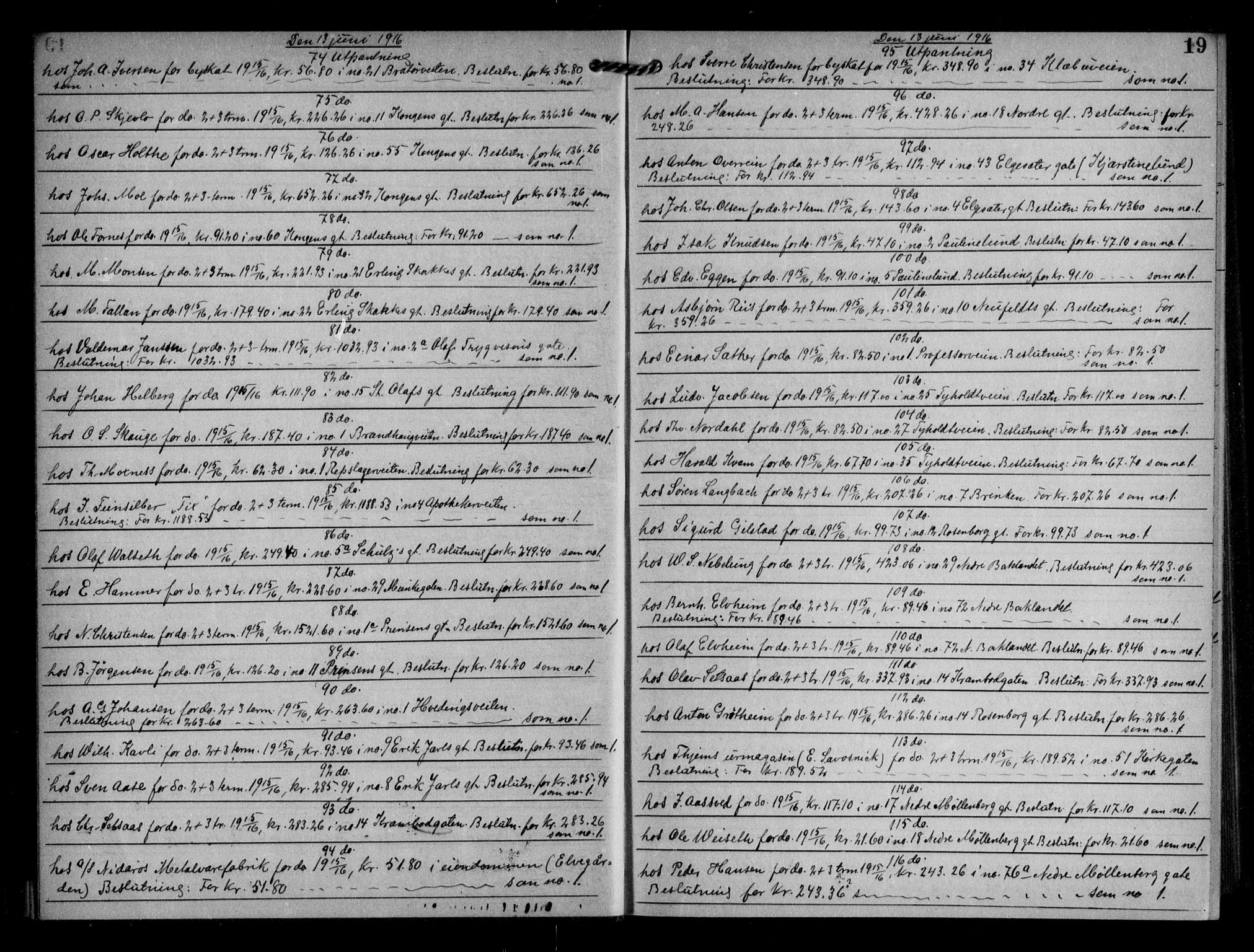 Trondheim byfogd, AV/SAT-A-0003/1/2/2C/L0057: Mortgage book no. 56, 1916-1917, p. 19