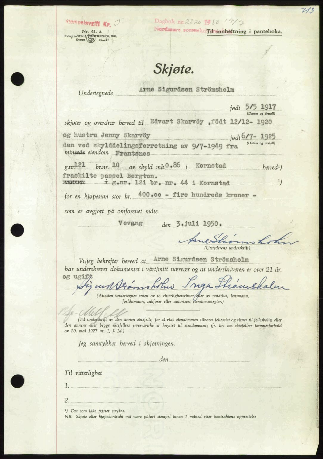 Nordmøre sorenskriveri, AV/SAT-A-4132/1/2/2Ca: Mortgage book no. A115, 1950-1950, Diary no: : 2320/1950