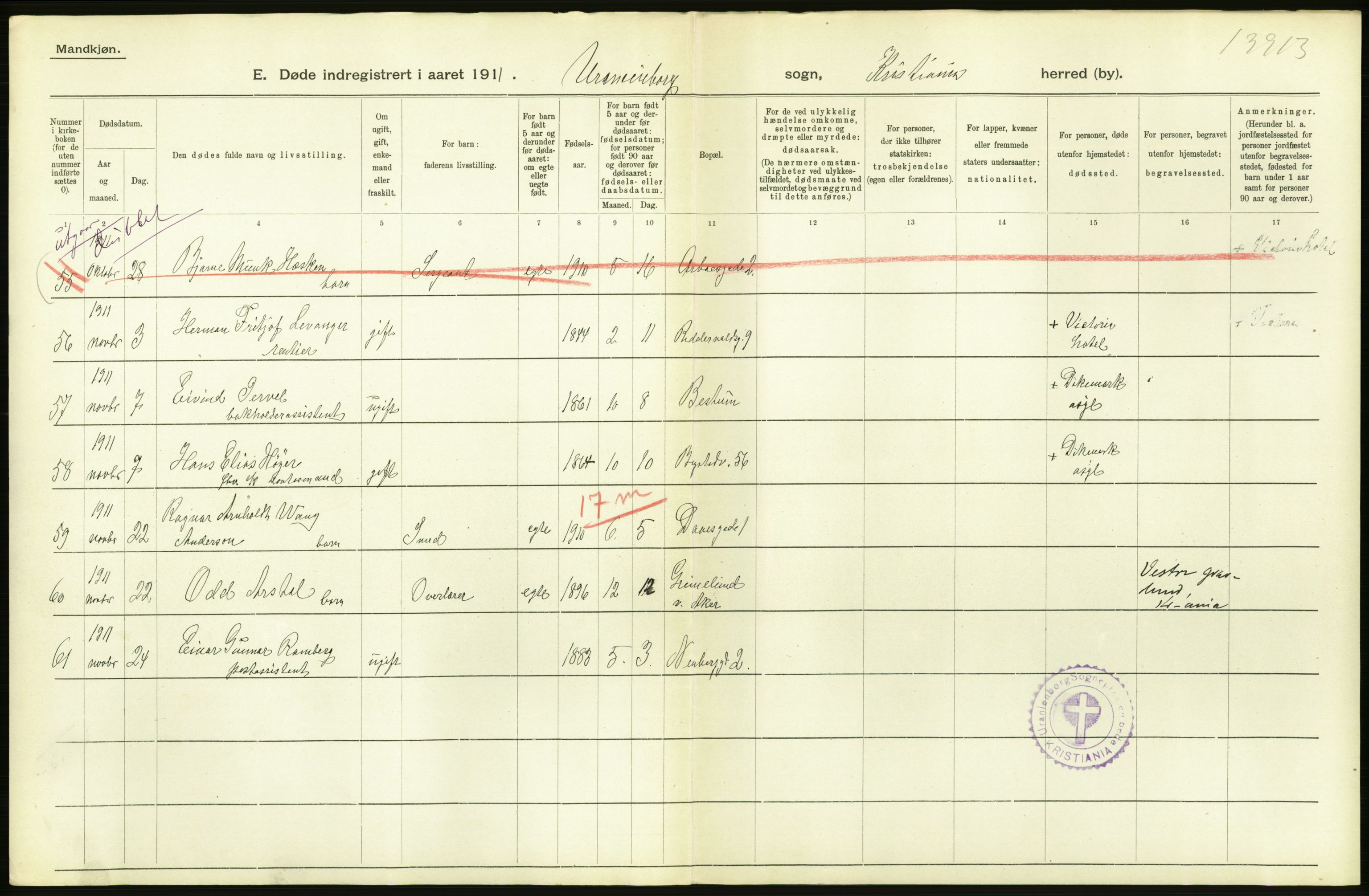 Statistisk sentralbyrå, Sosiodemografiske emner, Befolkning, AV/RA-S-2228/D/Df/Dfb/Dfba/L0009: Kristiania: Døde menn, 1911, p. 182