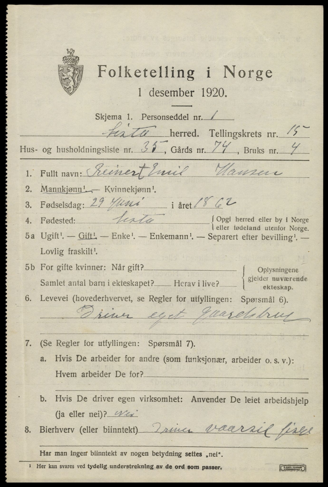 SAK, 1920 census for Lista, 1920, p. 12885