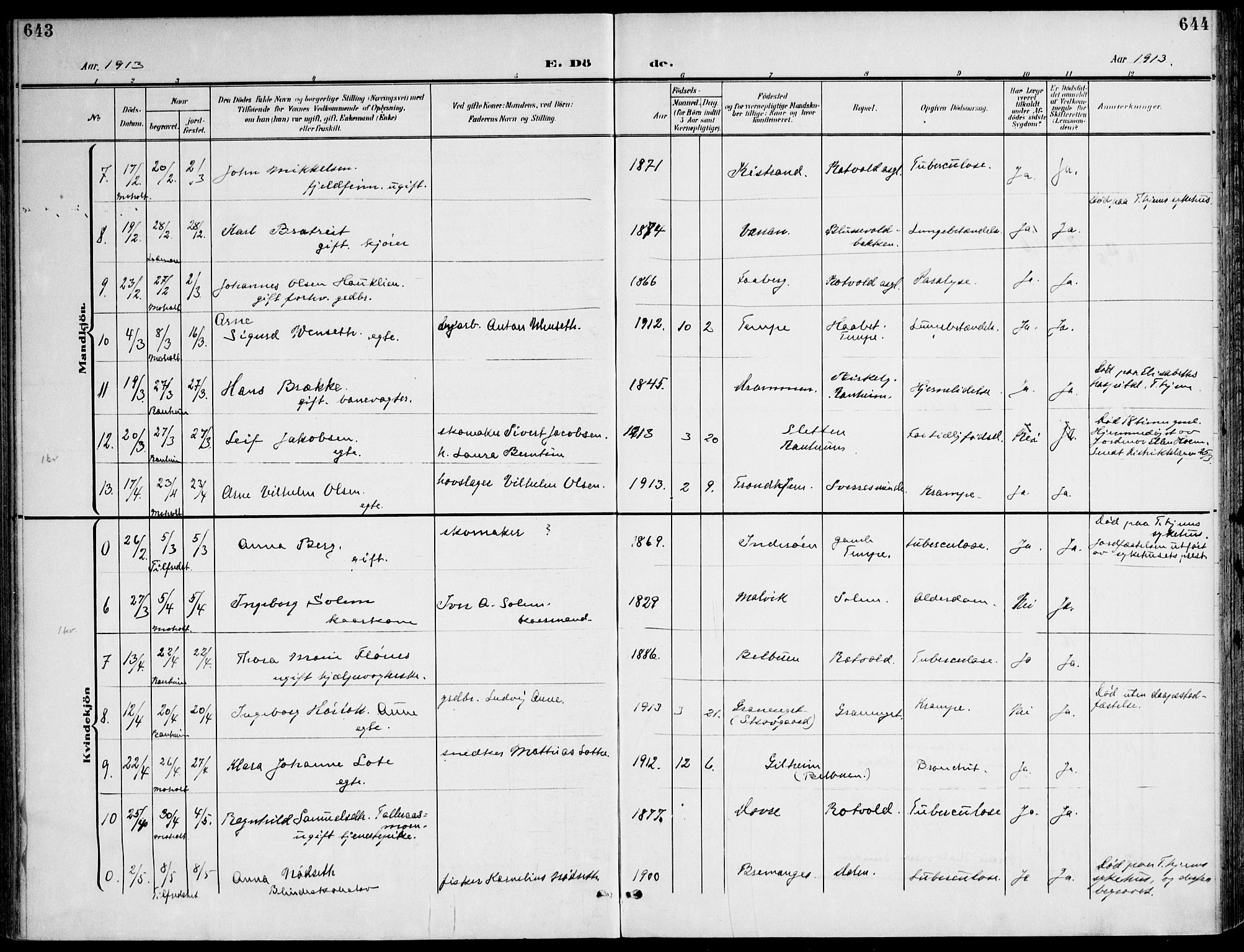 Ministerialprotokoller, klokkerbøker og fødselsregistre - Sør-Trøndelag, SAT/A-1456/607/L0320: Parish register (official) no. 607A04, 1907-1915, p. 643-644