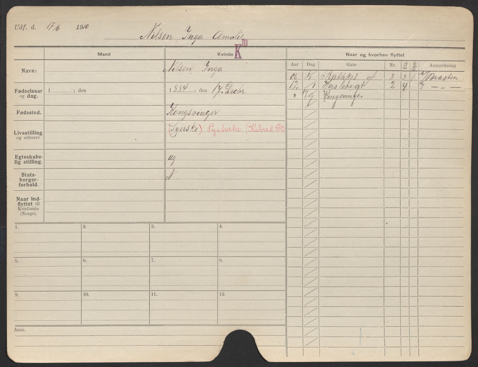 Oslo folkeregister, Registerkort, AV/SAO-A-11715/F/Fa/Fac/L0021: Kvinner, 1906-1914, p. 276a