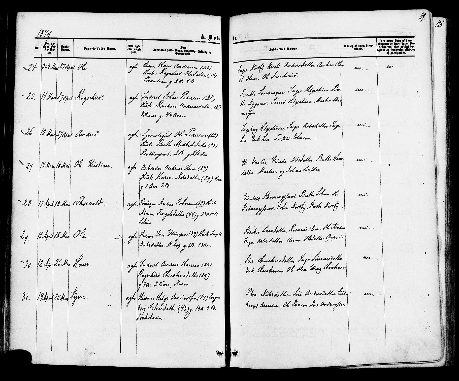 Ådal kirkebøker, AV/SAKO-A-248/F/Fa/L0001: Parish register (official) no. I 1, 1857-1883, p. 119