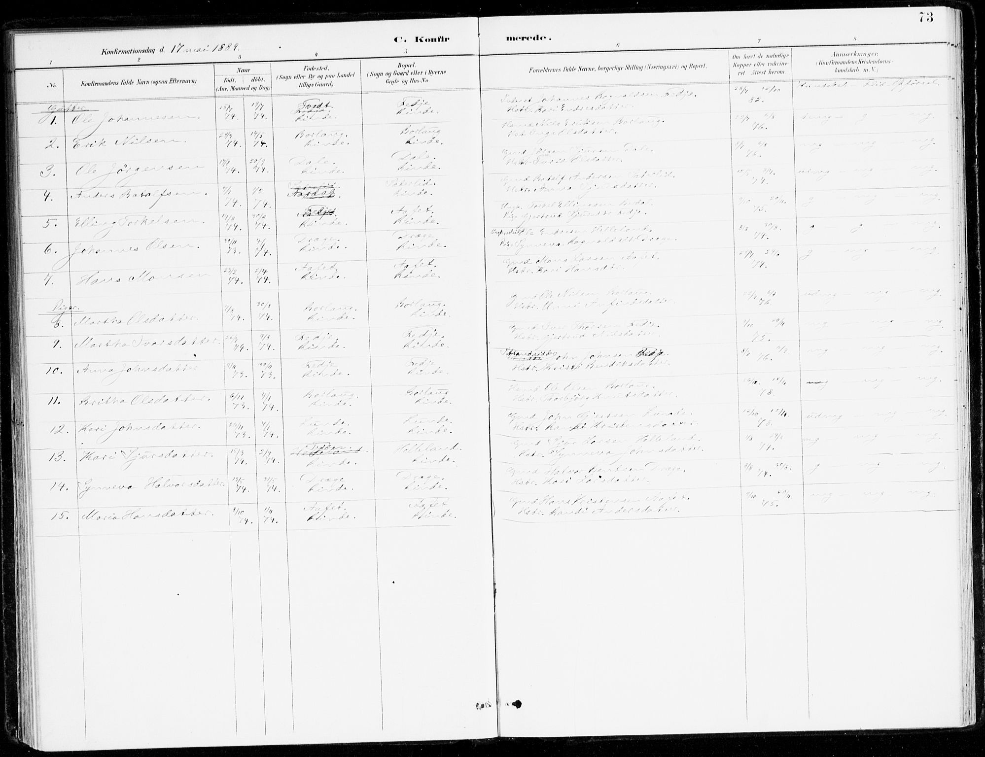 Leikanger sokneprestembete, SAB/A-81001: Parish register (official) no. D 1, 1887-1922, p. 73