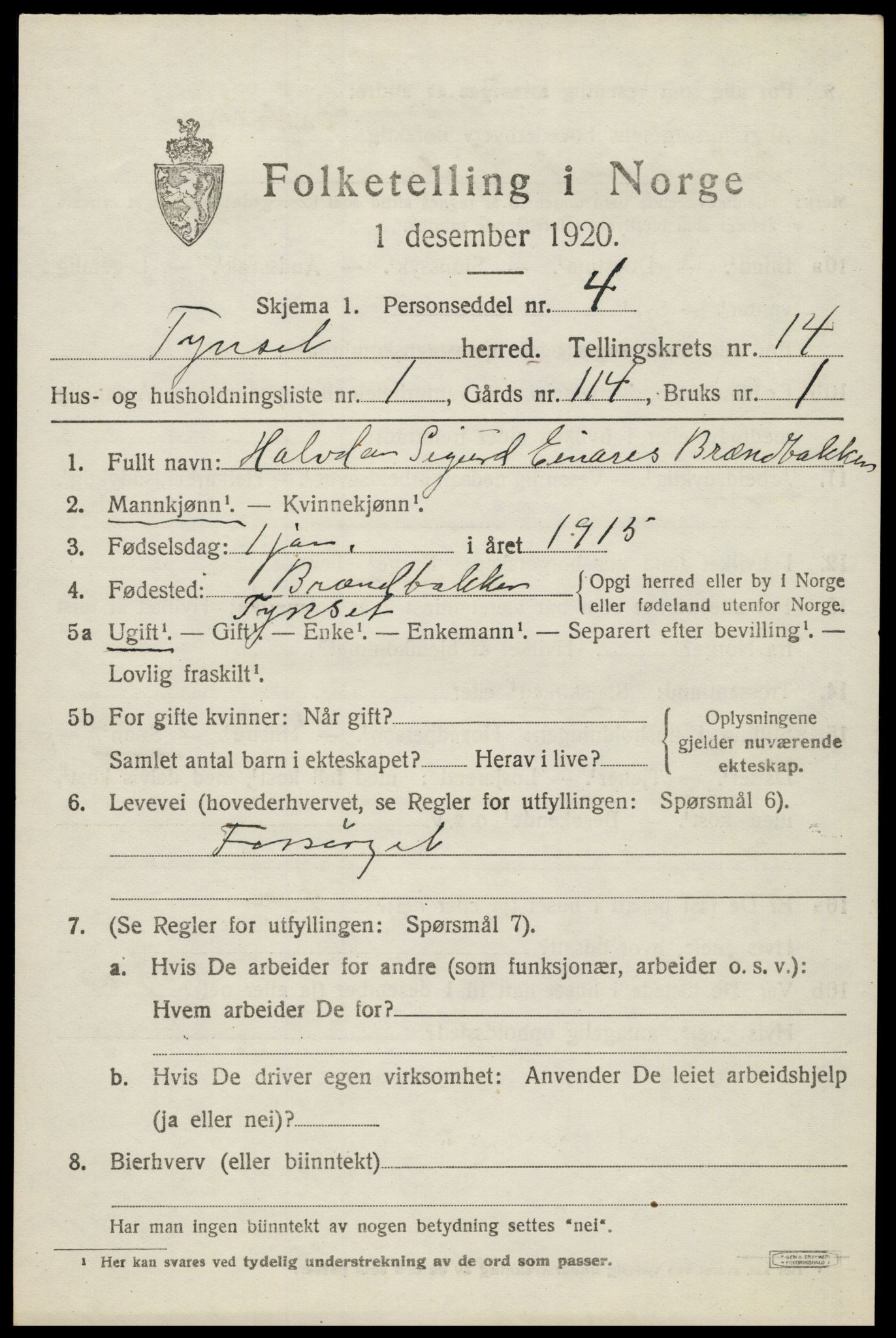 SAH, 1920 census for Tynset, 1920, p. 8934