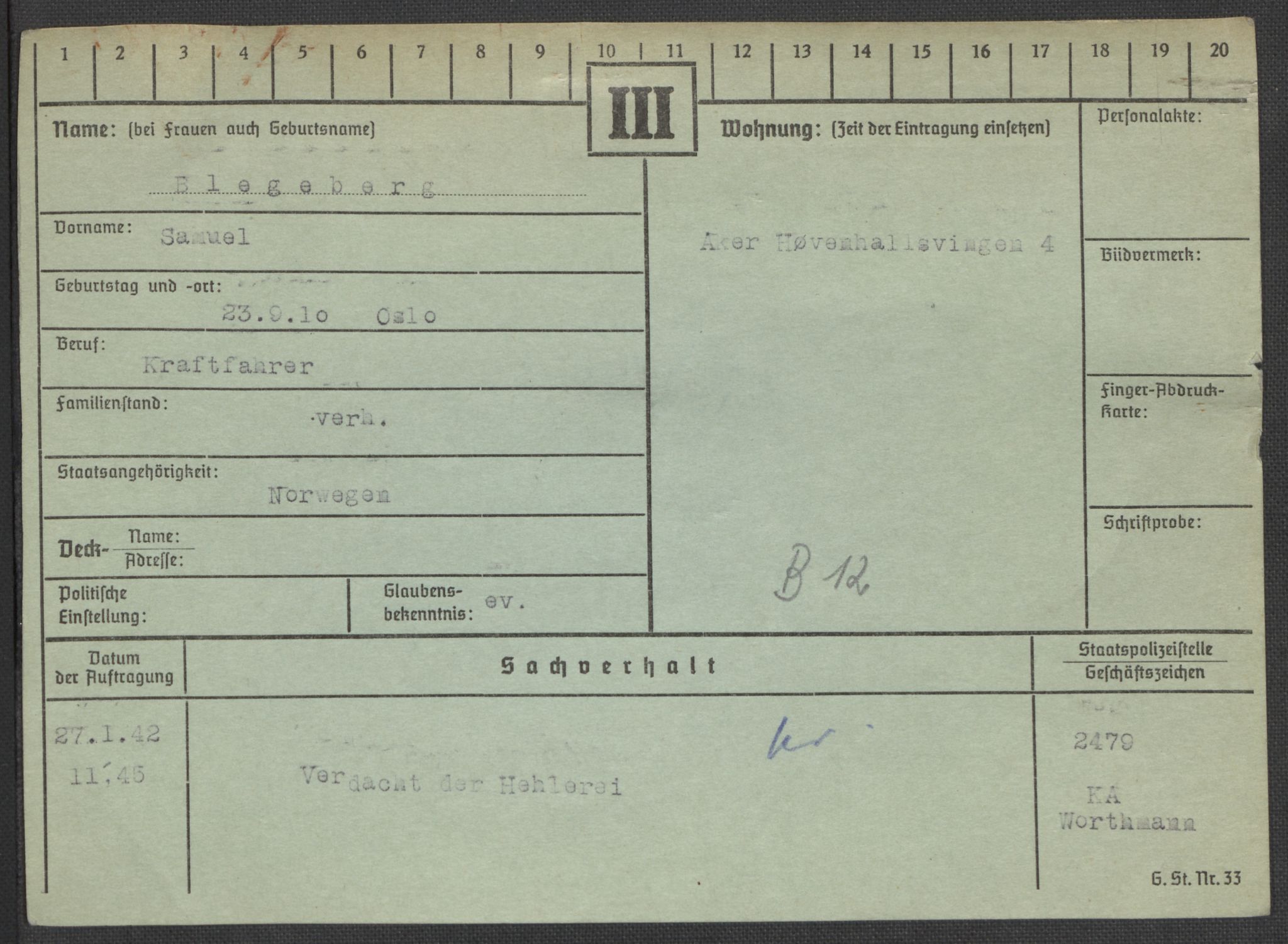 Befehlshaber der Sicherheitspolizei und des SD, AV/RA-RAFA-5969/E/Ea/Eaa/L0002: Register over norske fanger i Møllergata 19: Bj-Eng, 1940-1945, p. 10