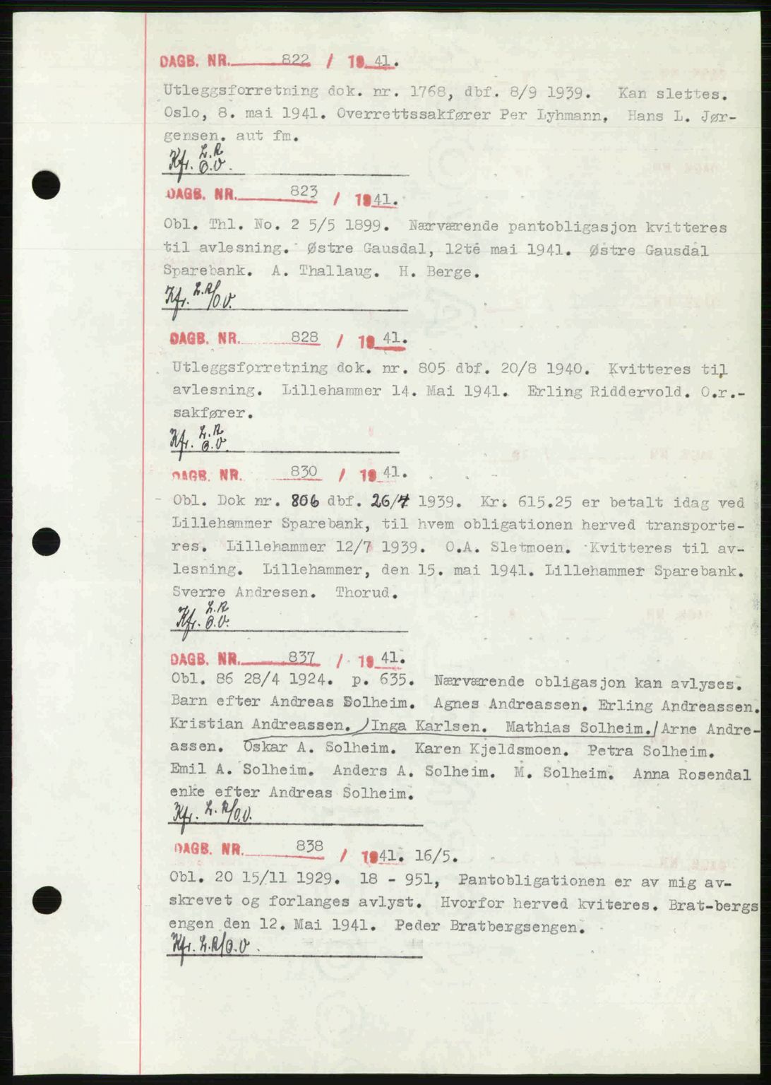 Sør-Gudbrandsdal tingrett, SAH/TING-004/H/Hb/Hbf/L0002: Mortgage book no. C1, 1938-1951, Diary no: : 822/1941