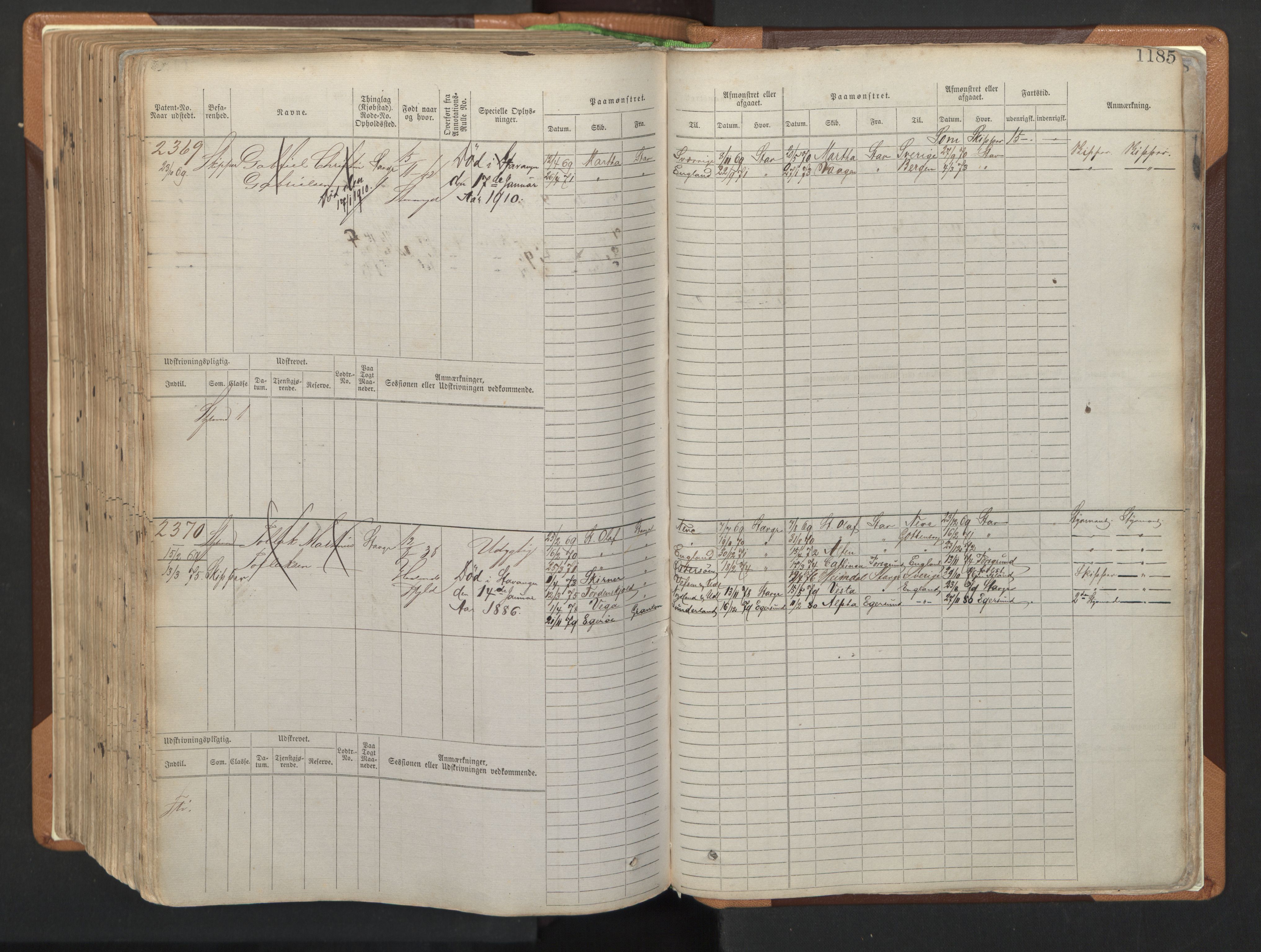 Stavanger sjømannskontor, AV/SAST-A-102006/F/Fb/Fbb/L0006: Sjøfartshovedrulle, patentnr. 1607-2402 (del 3), 1869-1880, p. 385