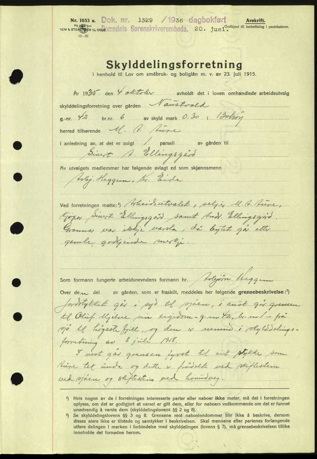 Romsdal sorenskriveri, AV/SAT-A-4149/1/2/2C: Mortgage book no. A1, 1936-1936, Diary no: : 1329/1936