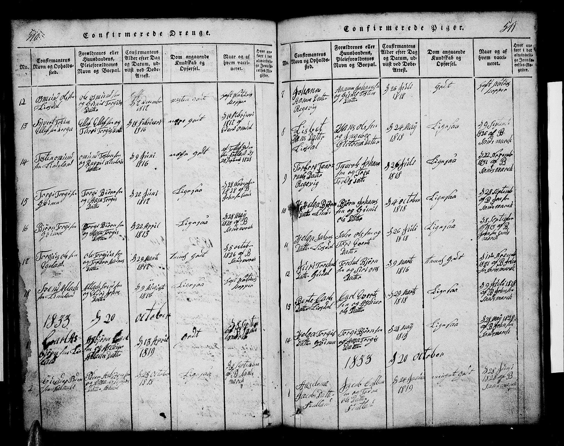 Sirdal sokneprestkontor, SAK/1111-0036/F/Fb/Fbb/L0001: Parish register (copy) no. B 1, 1815-1834, p. 510-511