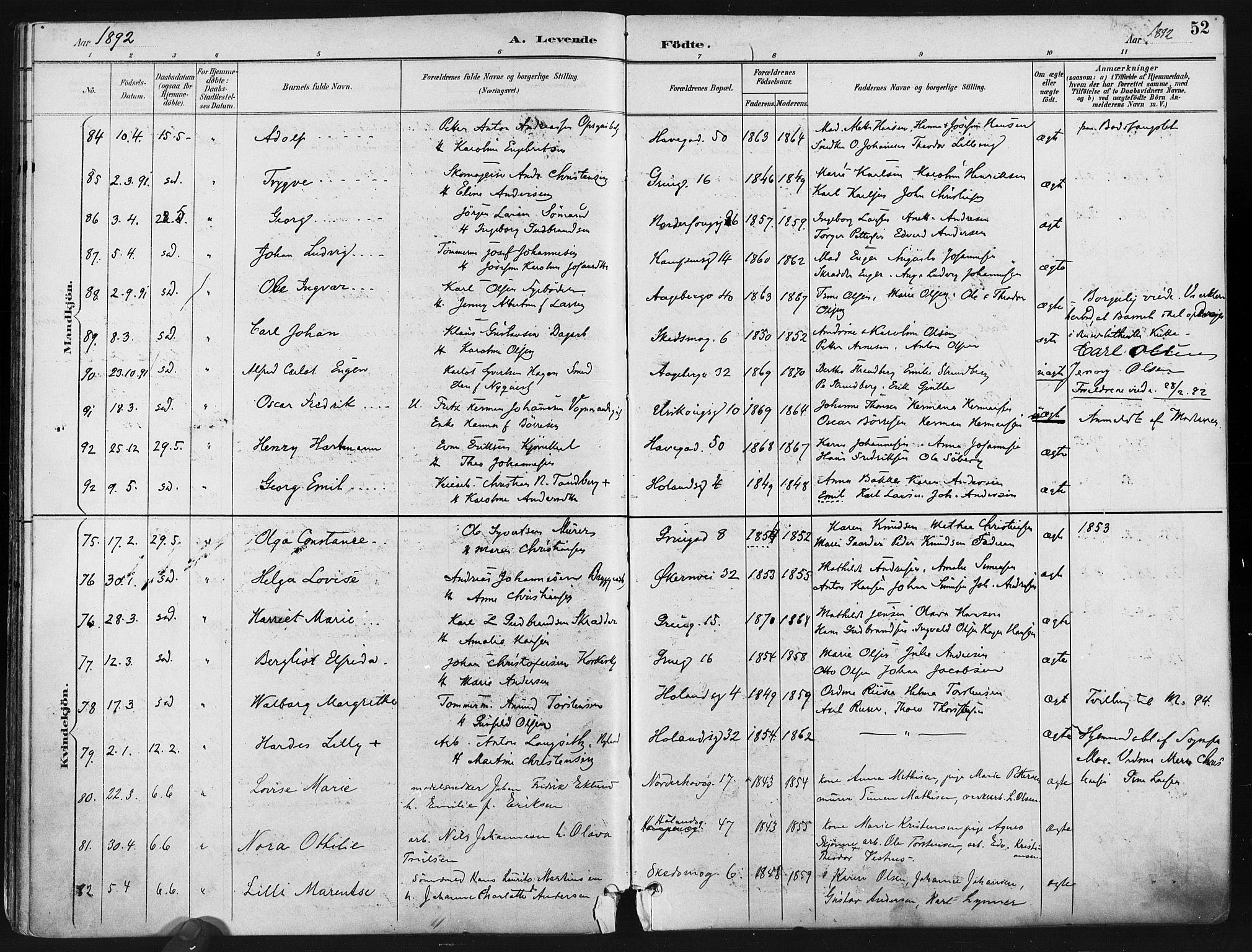 Kampen prestekontor Kirkebøker, SAO/A-10853/F/Fa/L0005: Parish register (official) no. I 5, 1890-1902, p. 52