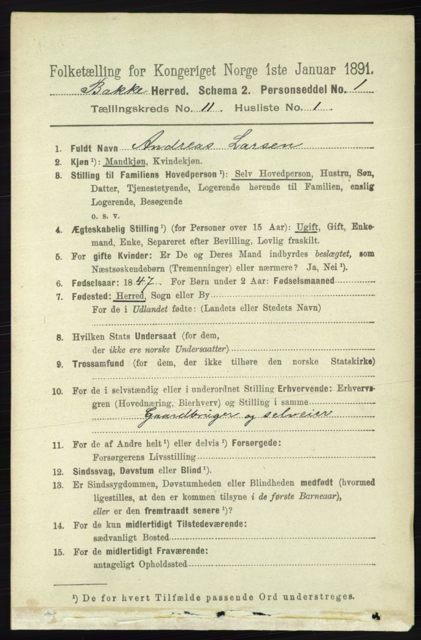 RA, 1891 census for 1045 Bakke, 1891, p. 2236