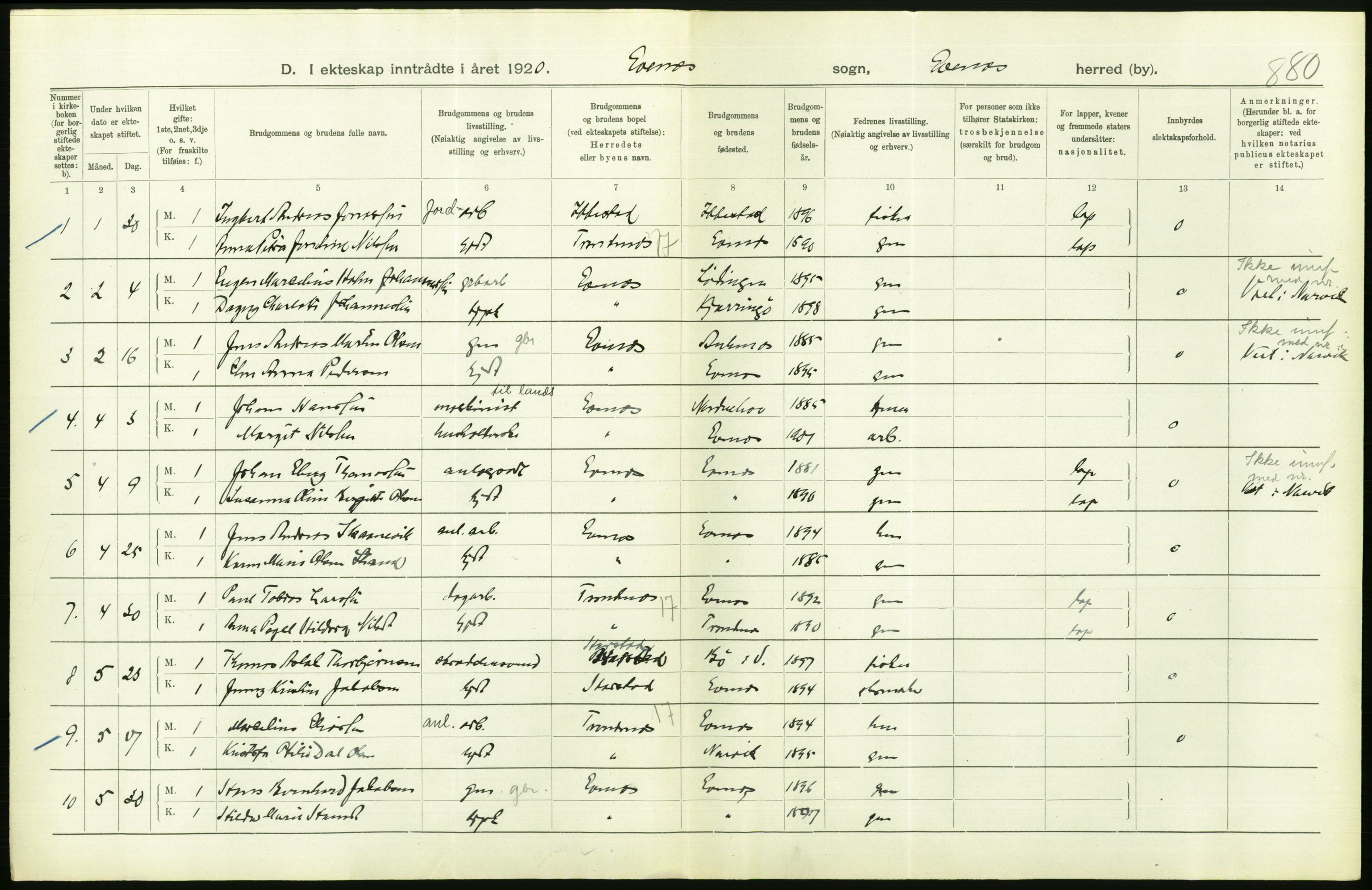 Statistisk sentralbyrå, Sosiodemografiske emner, Befolkning, AV/RA-S-2228/D/Df/Dfb/Dfbj/L0057: Nordland fylke: Gifte, dødfødte. Bygder og byer., 1920, p. 208