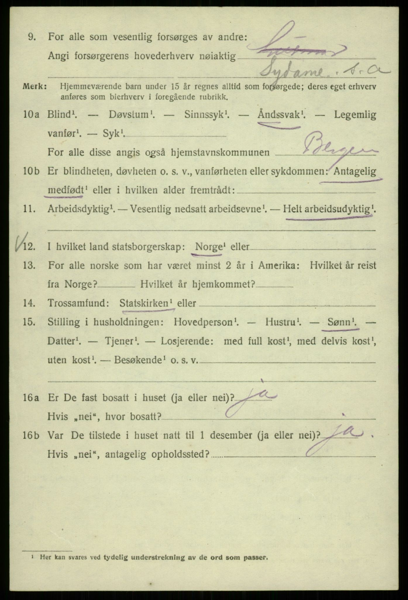 SAB, 1920 census for Bergen, 1920, p. 159443