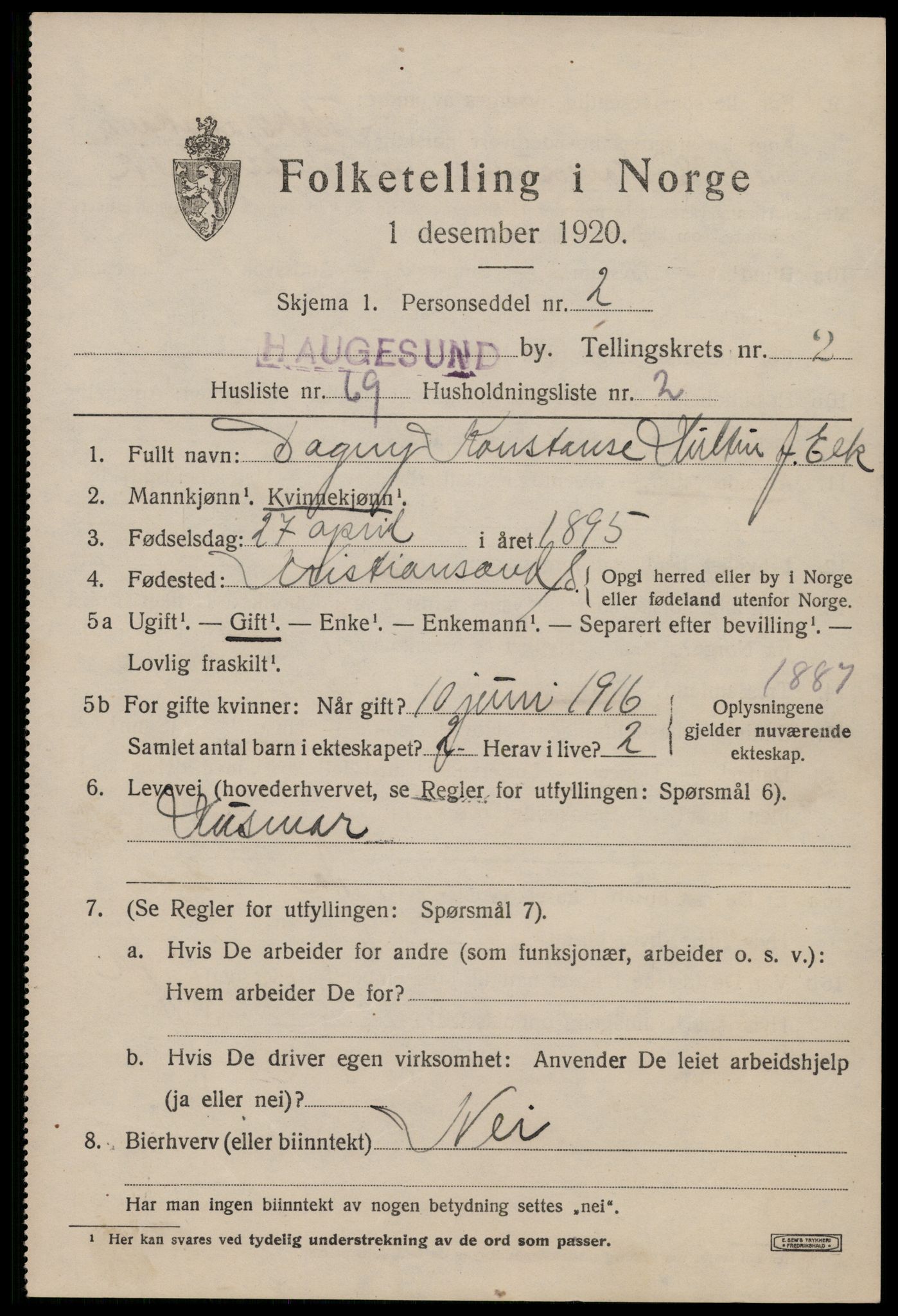 SAST, 1920 census for Haugesund, 1920, p. 14241
