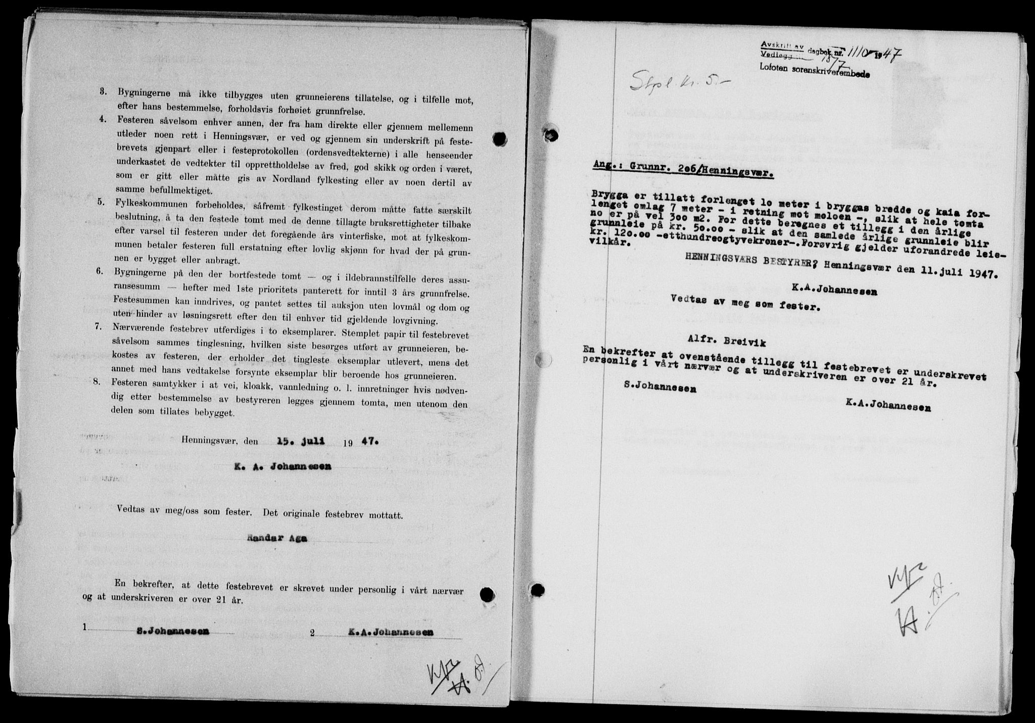 Lofoten sorenskriveri, SAT/A-0017/1/2/2C/L0016a: Mortgage book no. 16a, 1947-1947, Diary no: : 1110/1947