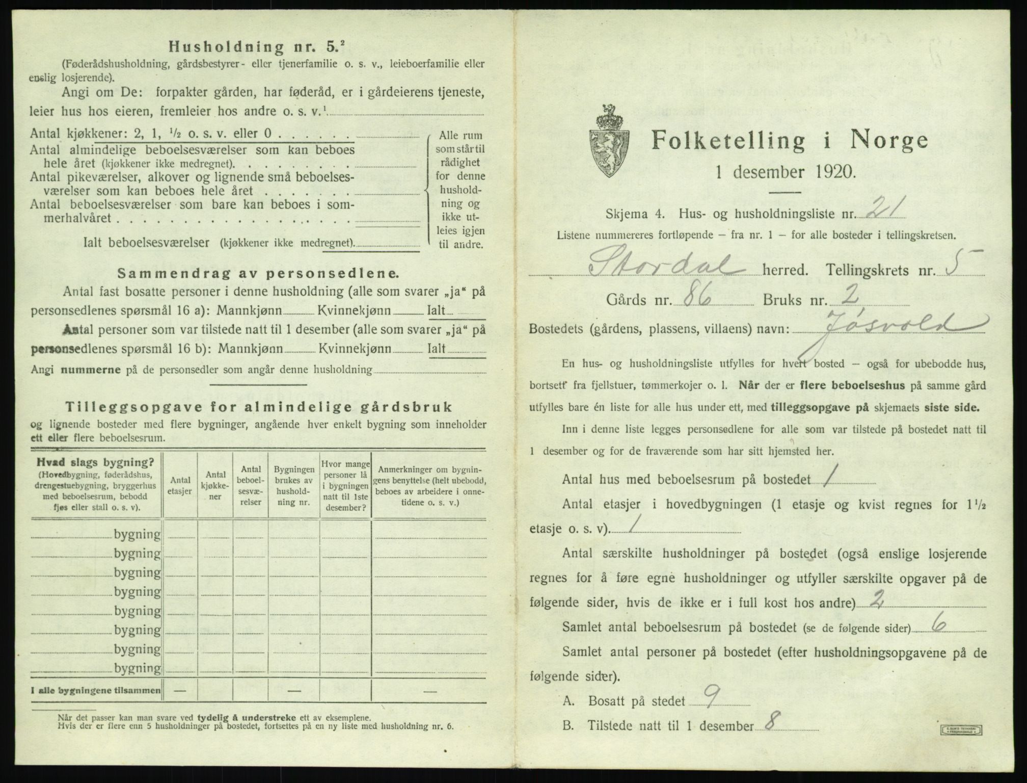 SAT, 1920 census for Stordal, 1920, p. 274