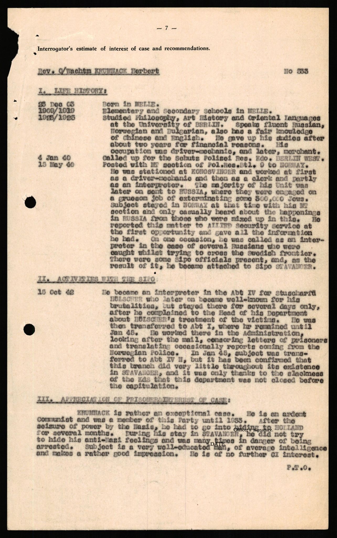 Forsvaret, Forsvarets overkommando II, AV/RA-RAFA-3915/D/Db/L0018: CI Questionaires. Tyske okkupasjonsstyrker i Norge. Tyskere., 1945-1946, p. 360