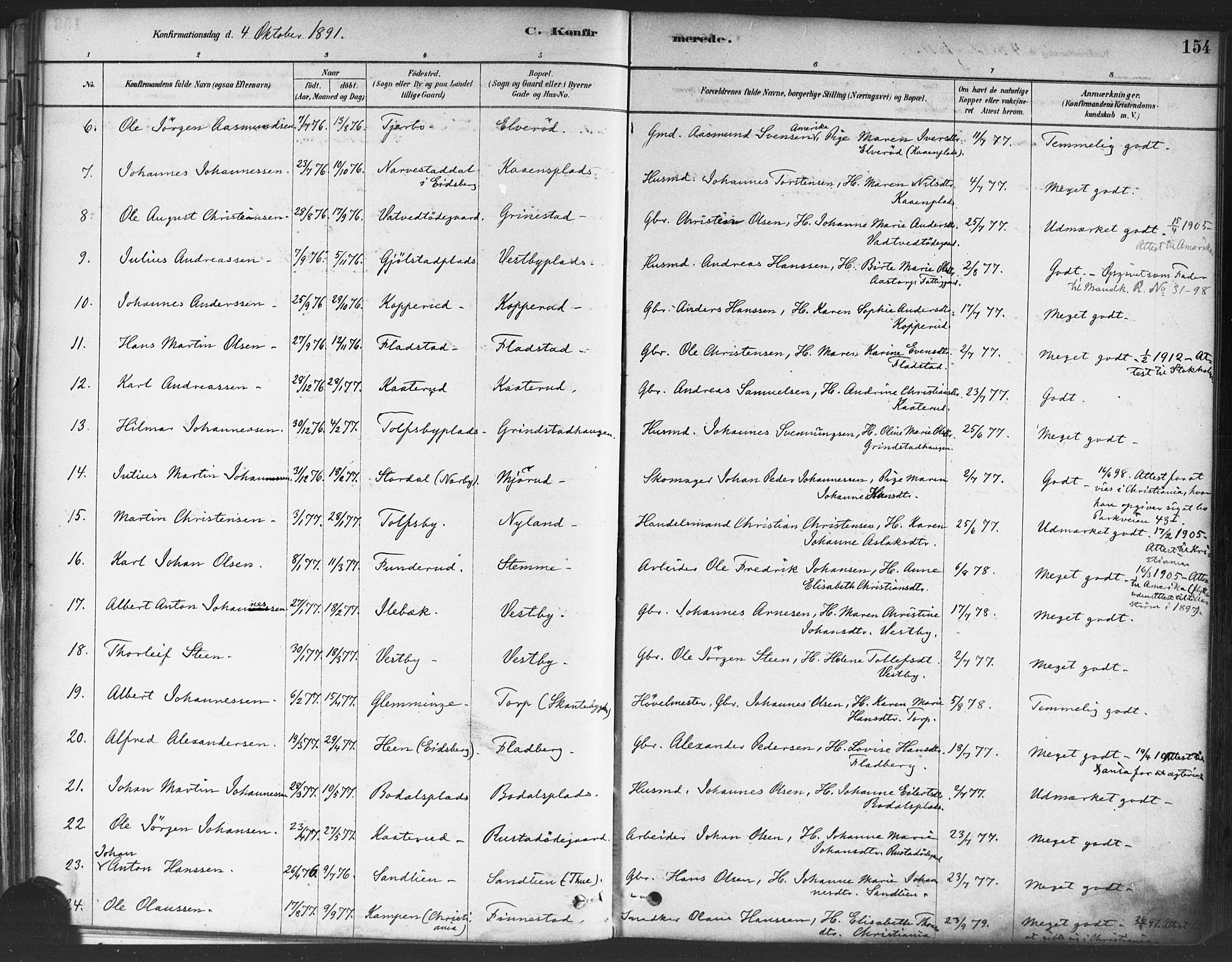 Rakkestad prestekontor Kirkebøker, SAO/A-2008/F/Fa/L0012: Parish register (official) no. I 12, 1878-1893, p. 154