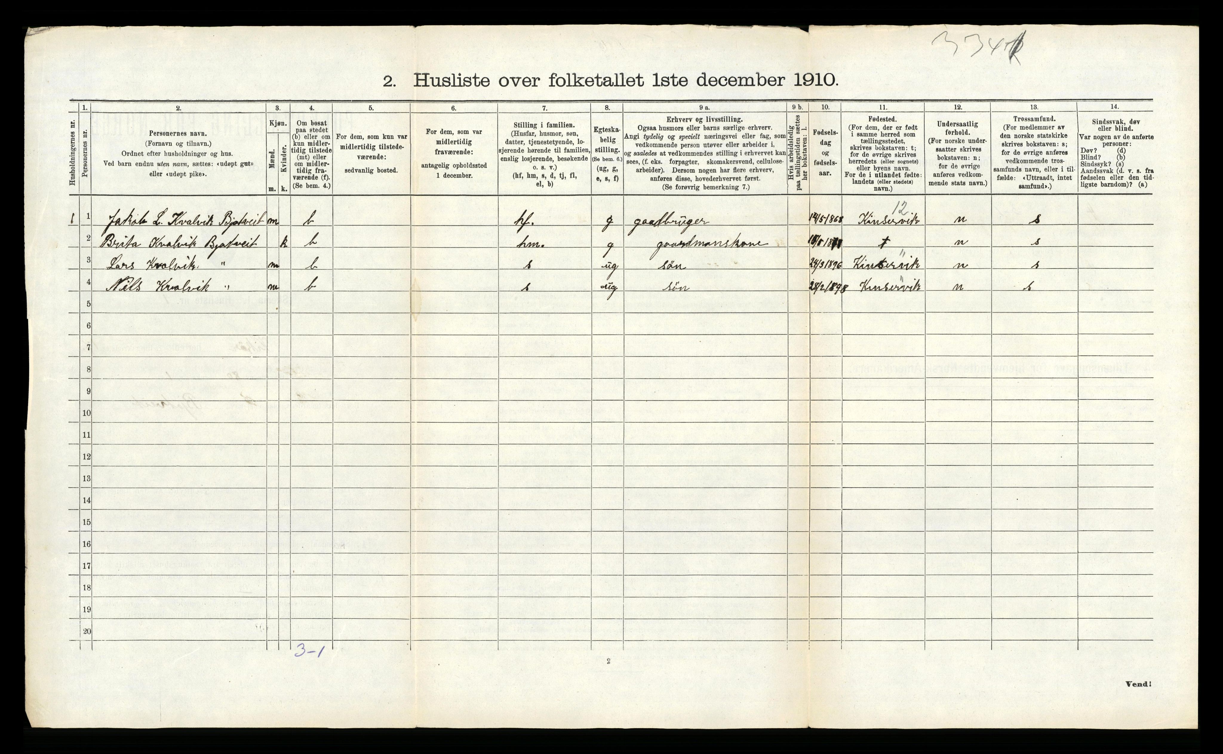 RA, 1910 census for Kvam, 1910, p. 1232