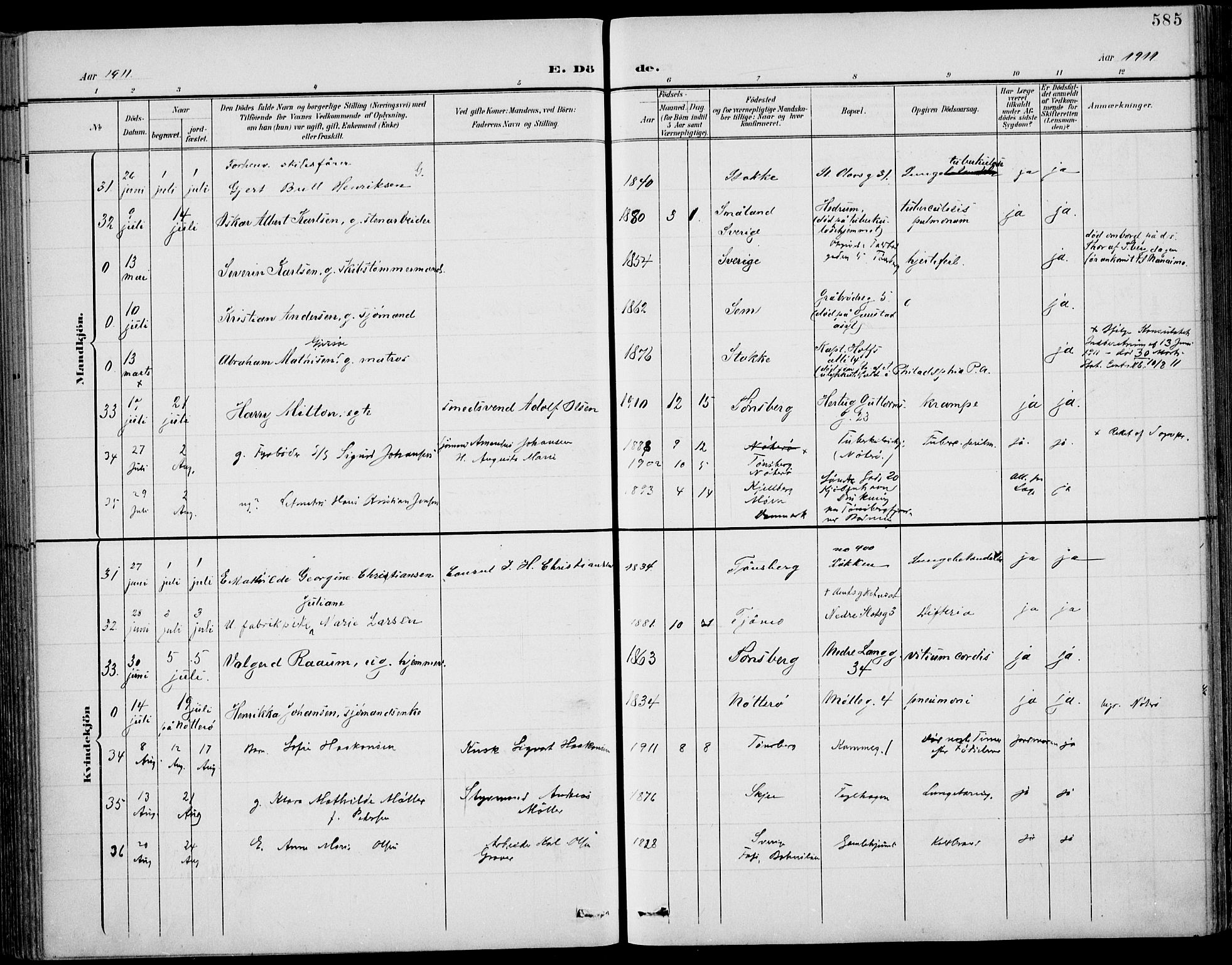 Tønsberg kirkebøker, AV/SAKO-A-330/F/Fa/L0013: Parish register (official) no. I 13, 1900-1913, p. 585