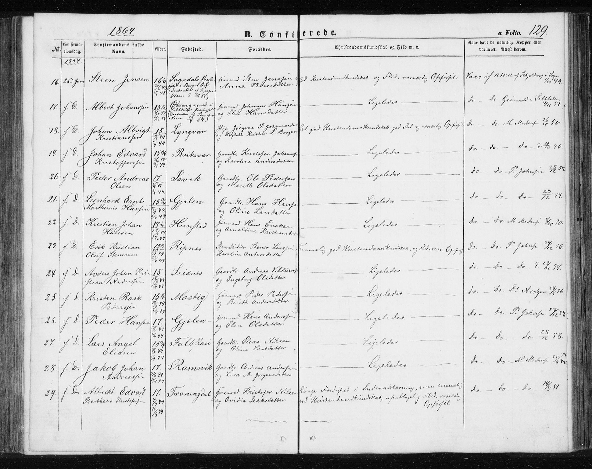 Ministerialprotokoller, klokkerbøker og fødselsregistre - Nordland, AV/SAT-A-1459/801/L0028: Parish register (copy) no. 801C03, 1855-1867, p. 129