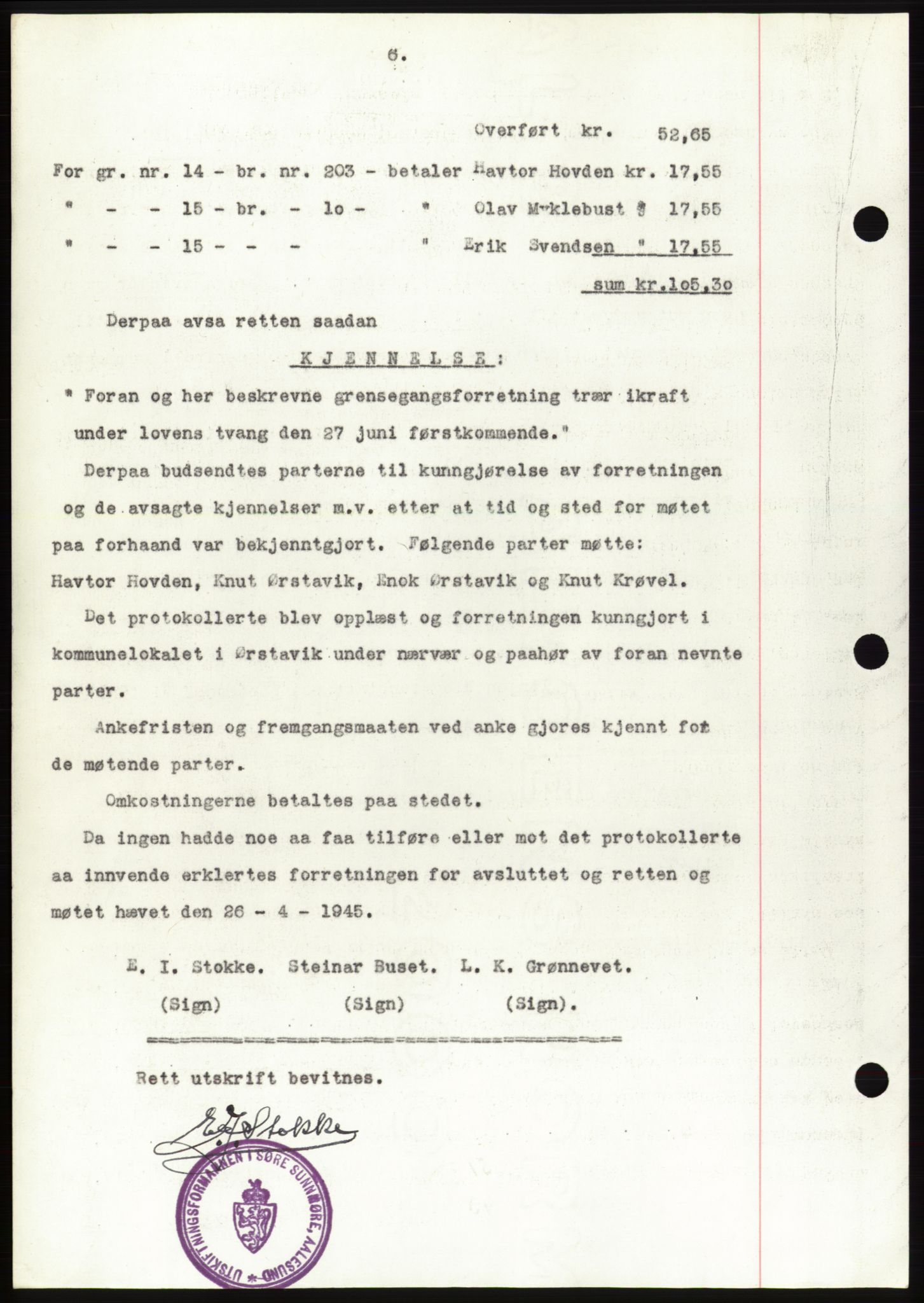 Søre Sunnmøre sorenskriveri, AV/SAT-A-4122/1/2/2C/L0077: Mortgage book no. 3A, 1945-1946, Diary no: : 766/1945