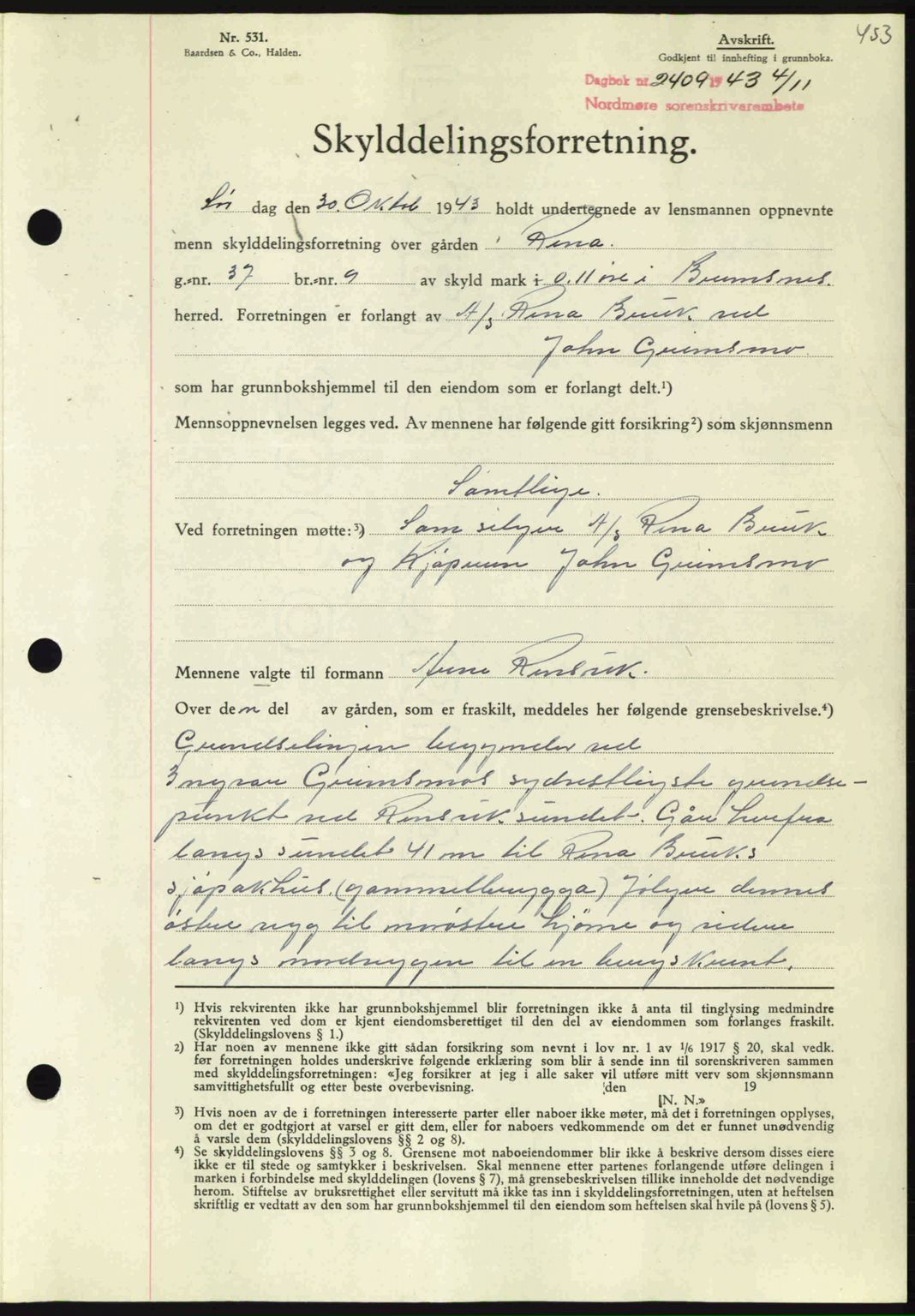 Nordmøre sorenskriveri, SAT/A-4132/1/2/2Ca: Mortgage book no. A96, 1943-1944, Diary no: : 2409/1943