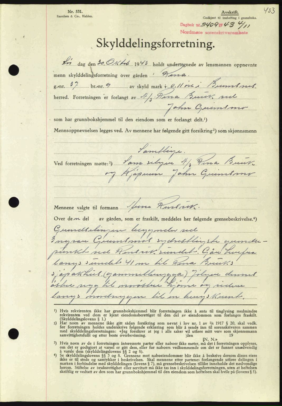 Nordmøre sorenskriveri, AV/SAT-A-4132/1/2/2Ca: Mortgage book no. A96, 1943-1944, Diary no: : 2409/1943