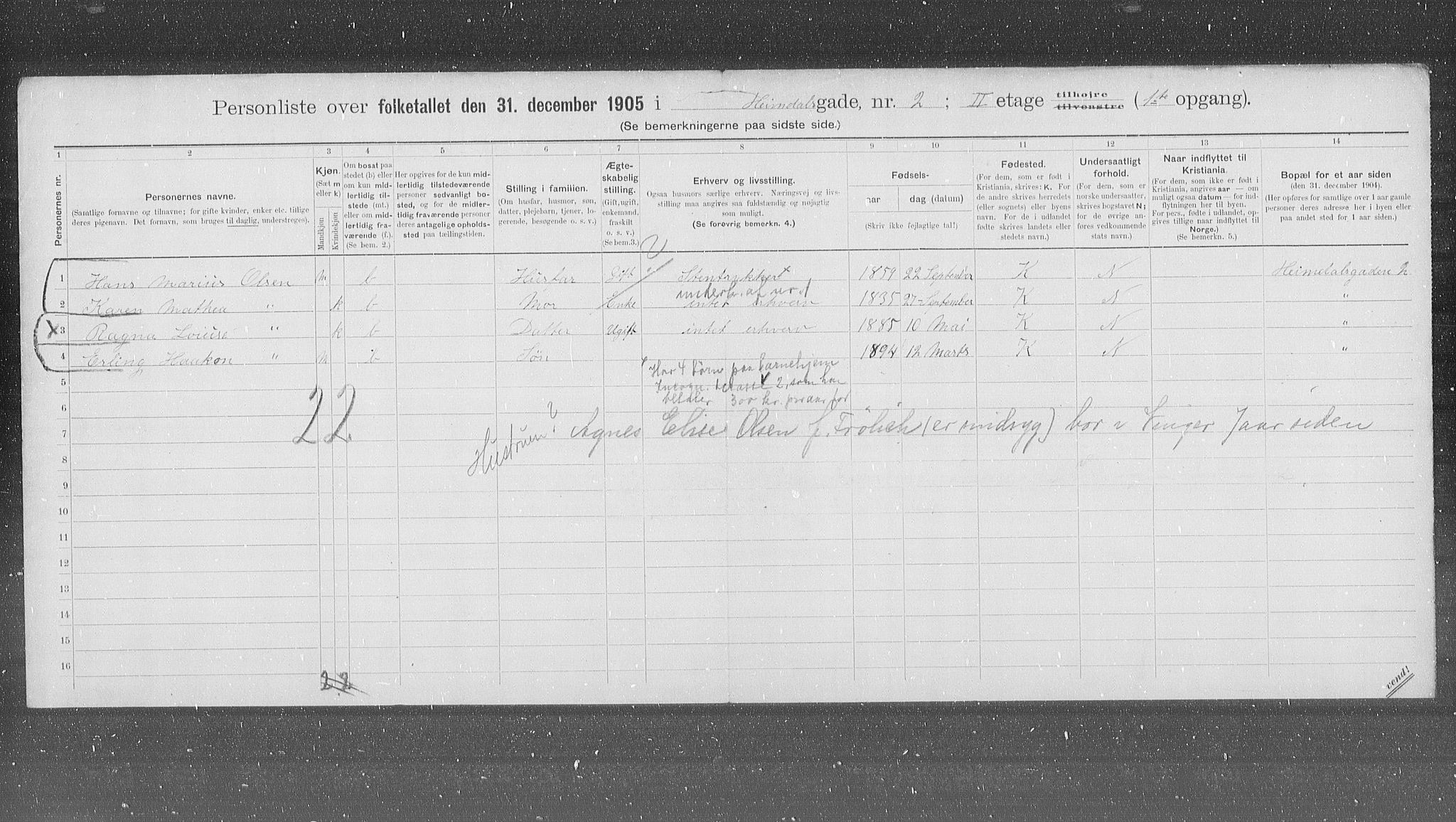 OBA, Municipal Census 1905 for Kristiania, 1905, p. 19034