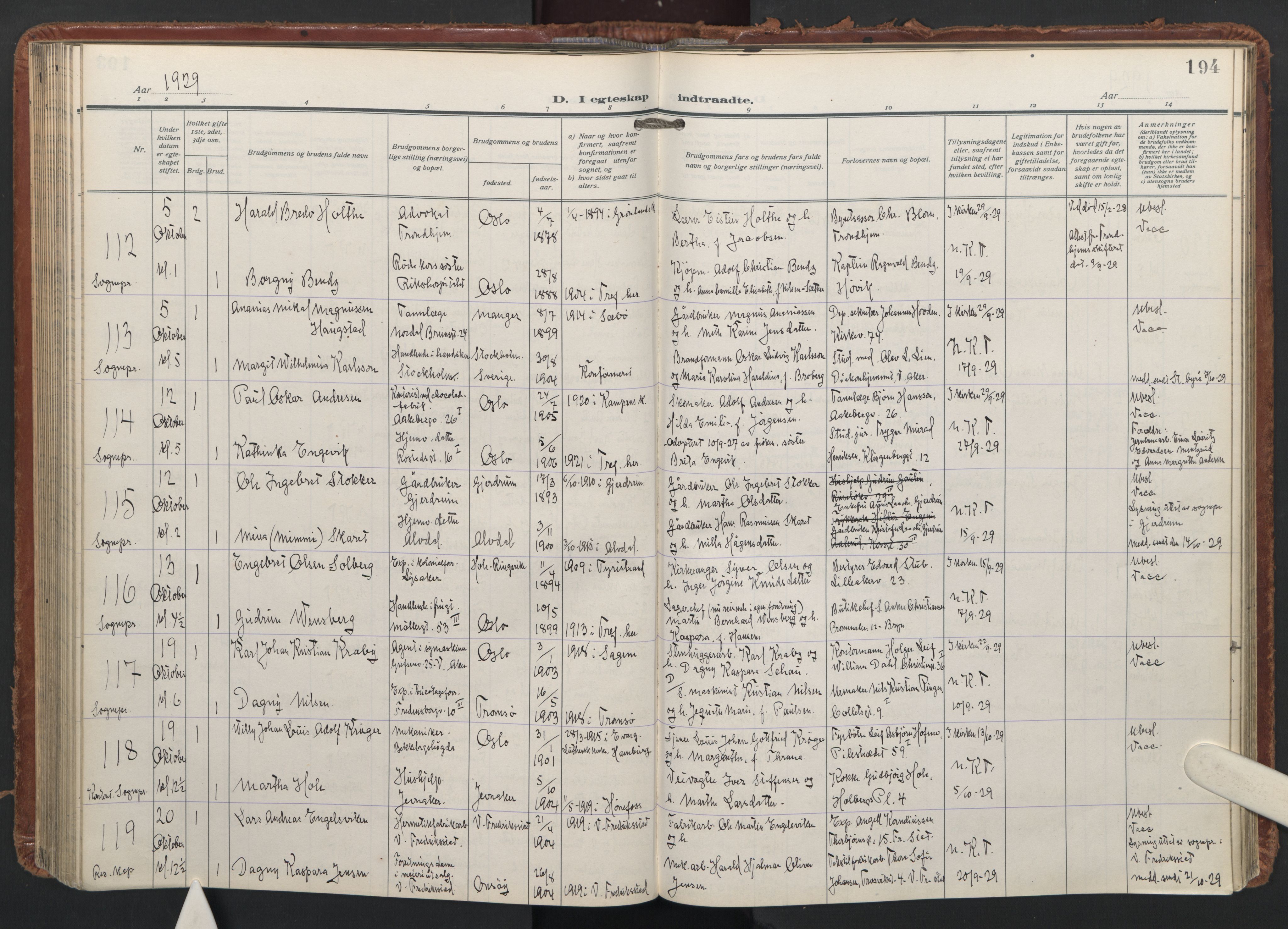 Trefoldighet prestekontor Kirkebøker, AV/SAO-A-10882/F/Fc/L0009: Parish register (official) no. III 9, 1922-1936, p. 194