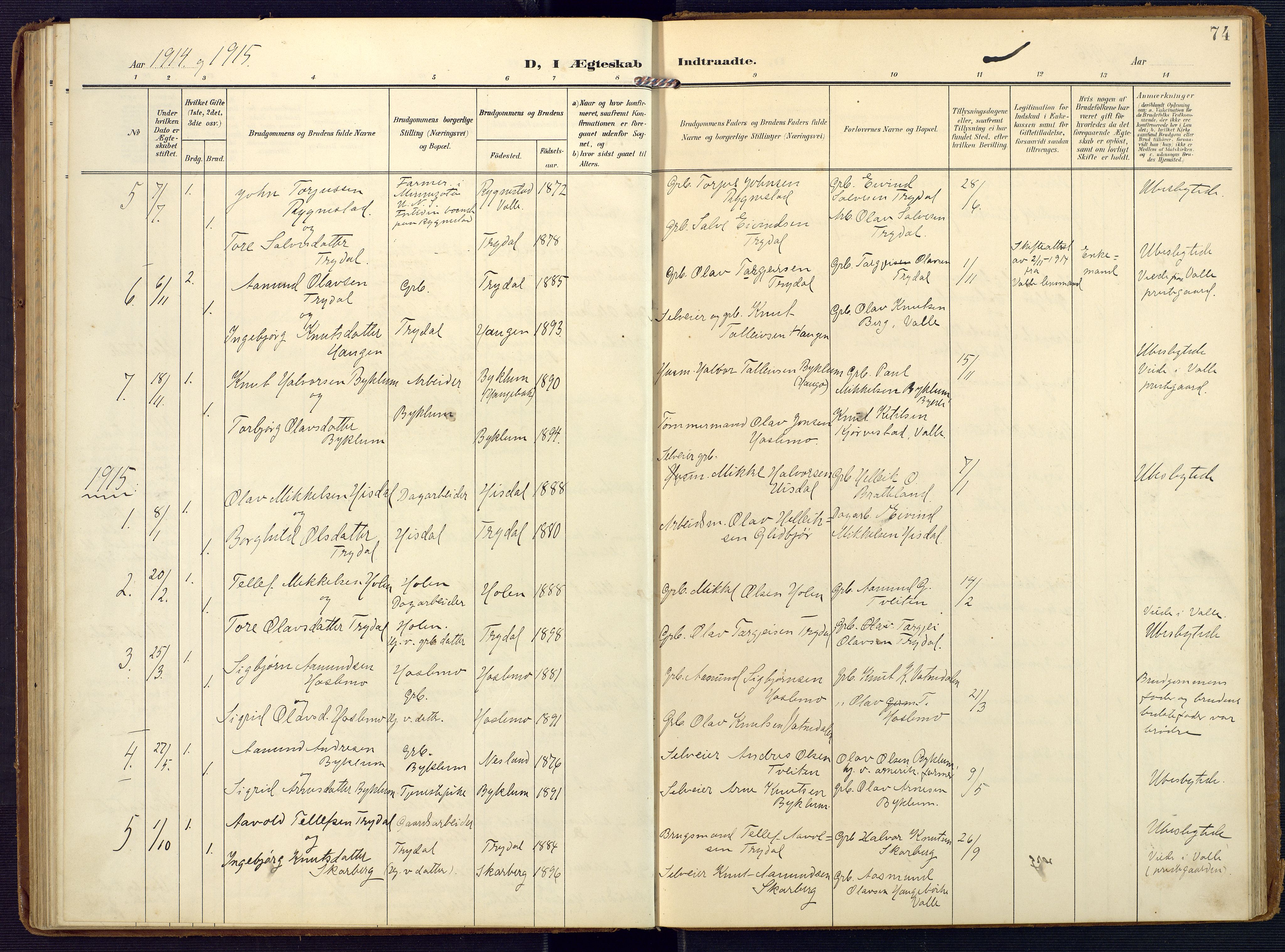 Valle sokneprestkontor, SAK/1111-0044/F/Fa/Faa/L0002: Parish register (official) no. A 2, 1907-1919, p. 74