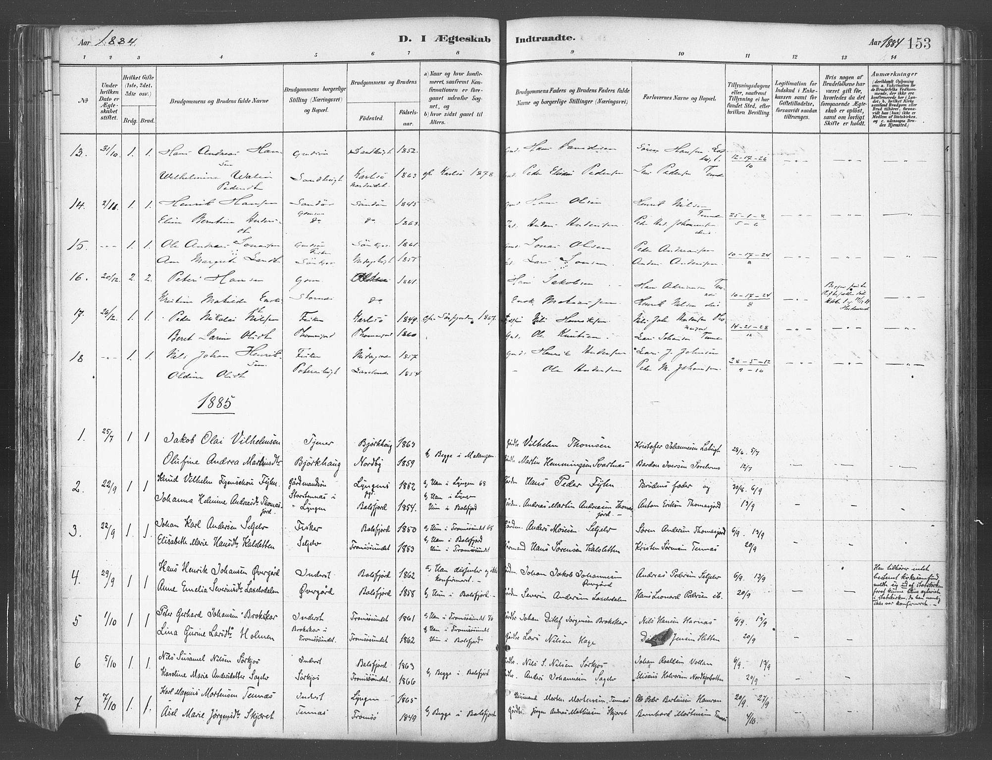 Balsfjord sokneprestembete, SATØ/S-1303/G/Ga/L0005kirke: Parish register (official) no. 5, 1884-1897, p. 153