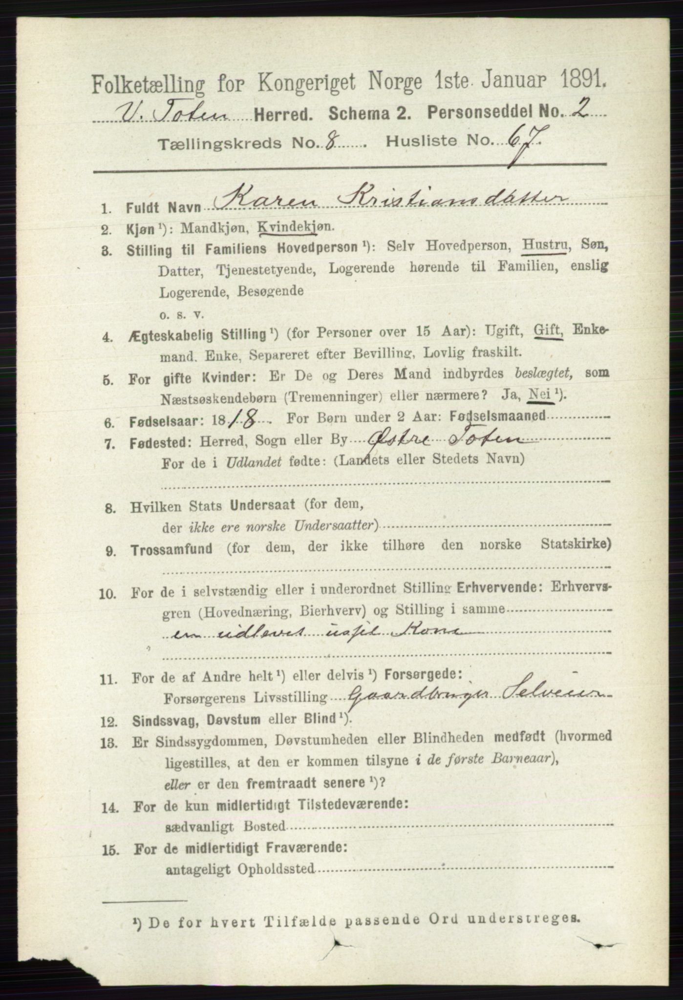 RA, 1891 census for 0529 Vestre Toten, 1891, p. 5382