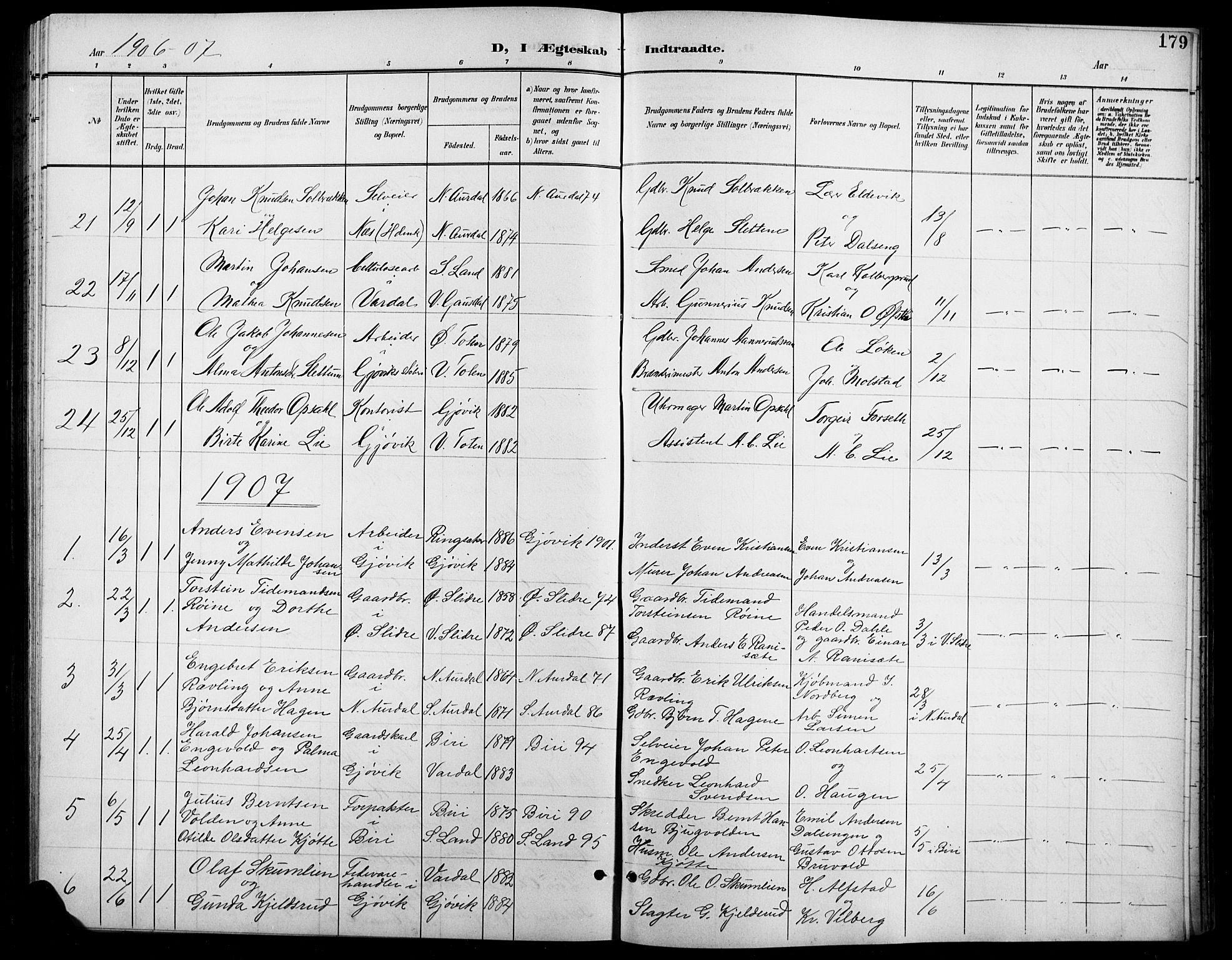 Vardal prestekontor, SAH/PREST-100/H/Ha/Hab/L0012: Parish register (copy) no. 12, 1902-1911, p. 179