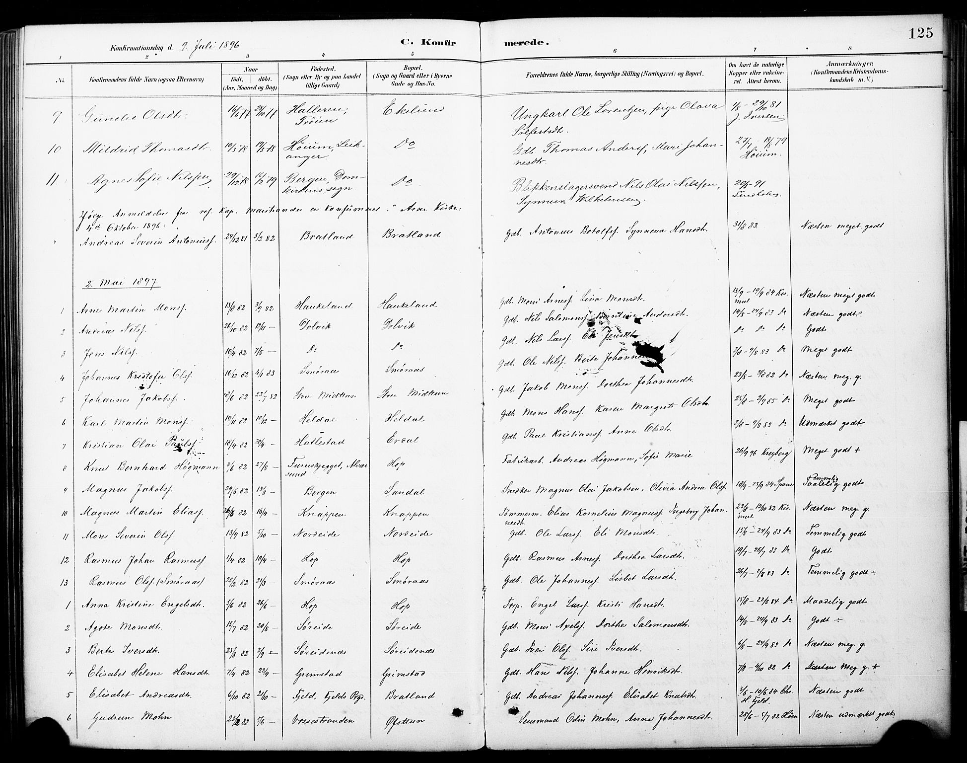 Fana Sokneprestembete, AV/SAB-A-75101/H/Haa/Haai/L0002: Parish register (official) no. I 2, 1888-1899, p. 125