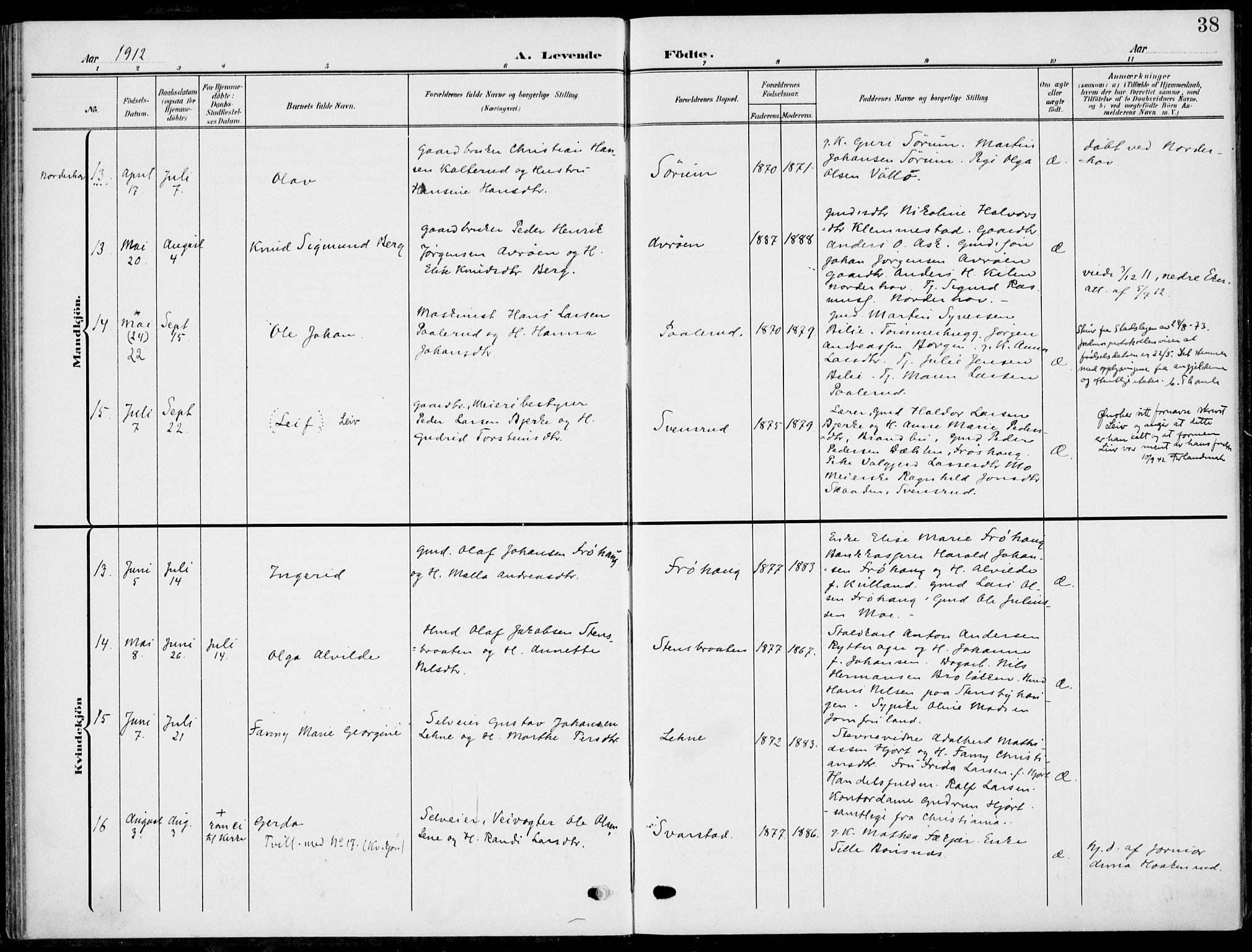 Hole kirkebøker, AV/SAKO-A-228/F/Fa/L0010: Parish register (official) no. I 10, 1907-1917, p. 38