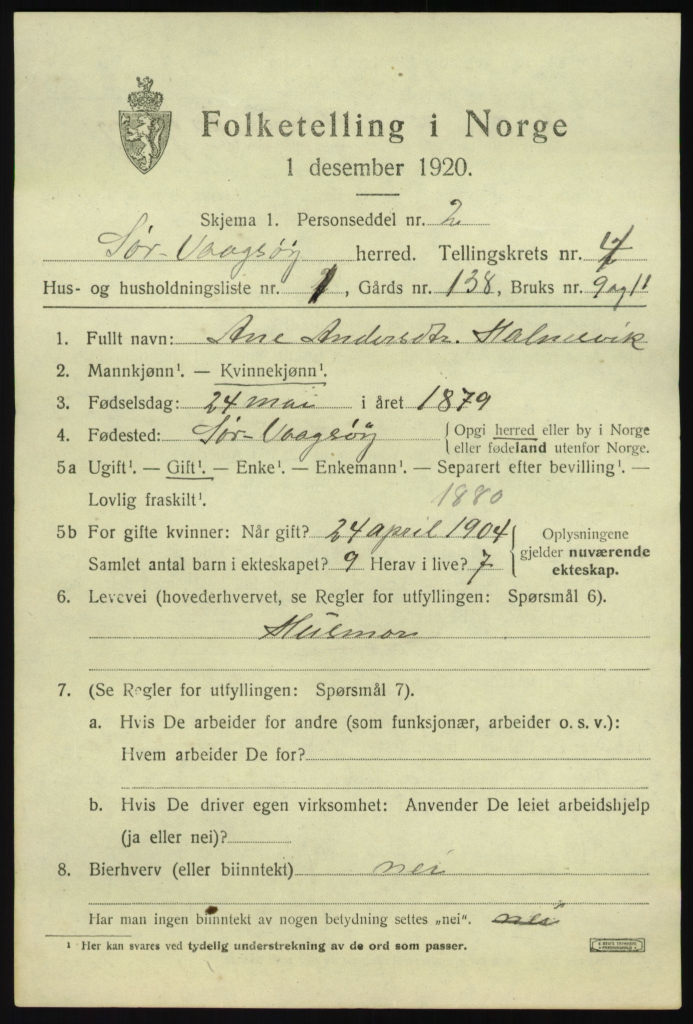 SAB, 1920 census for Sør-Vågsøy, 1920, p. 1822