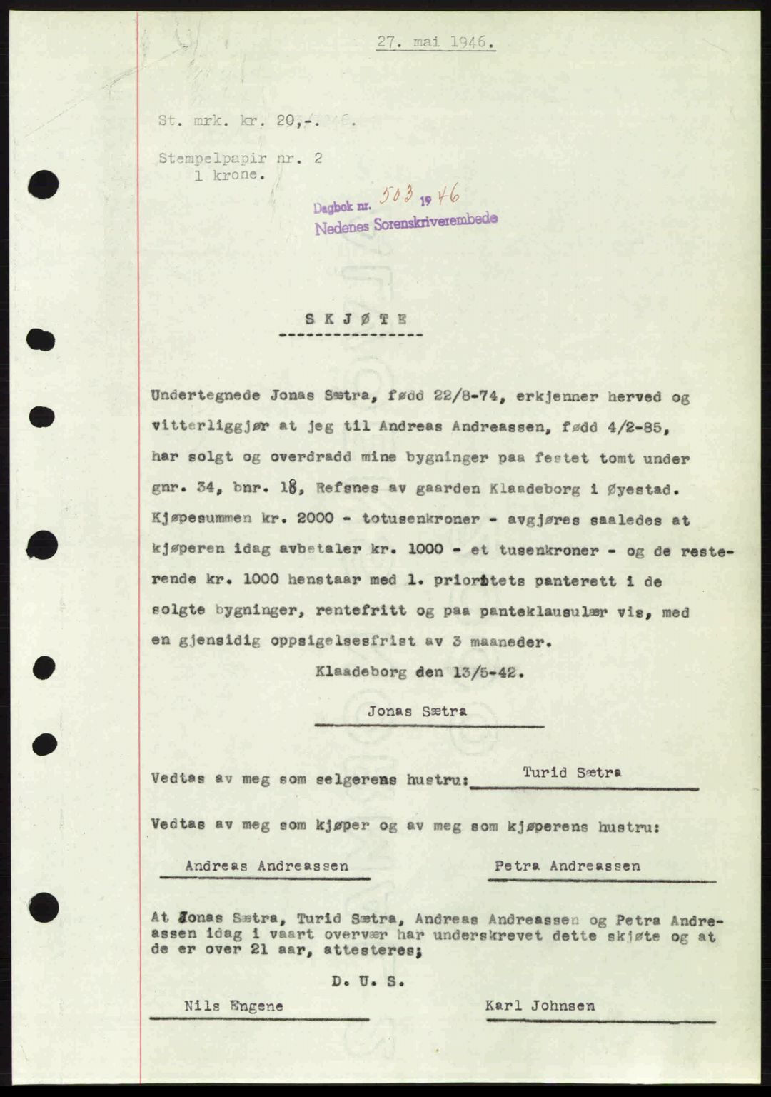 Nedenes sorenskriveri, AV/SAK-1221-0006/G/Gb/Gba/L0054: Mortgage book no. A6c, 1946-1946, Diary no: : 503/1946