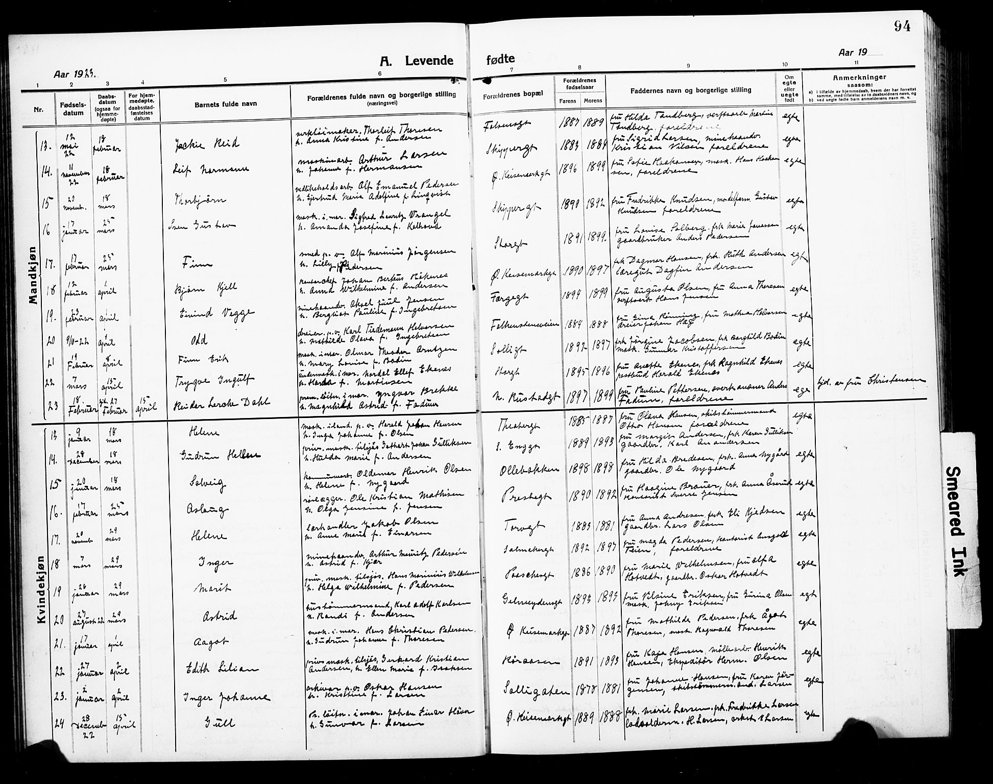 Horten kirkebøker, AV/SAKO-A-348/G/Ga/L0008: Parish register (copy) no. 8, 1916-1926, p. 94