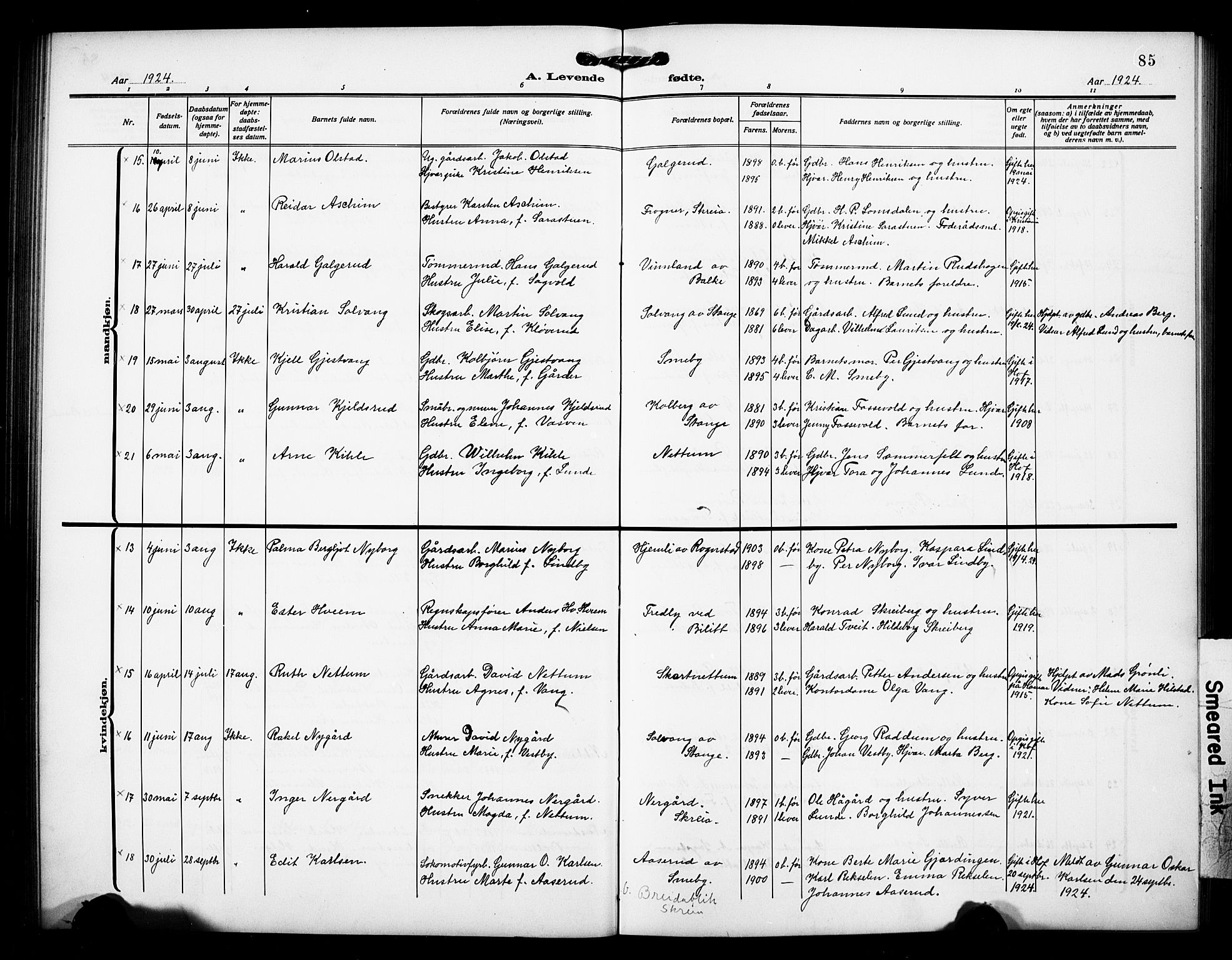 Østre Toten prestekontor, AV/SAH-PREST-104/H/Ha/Hab/L0008: Parish register (copy) no. 8, 1913-1929, p. 85