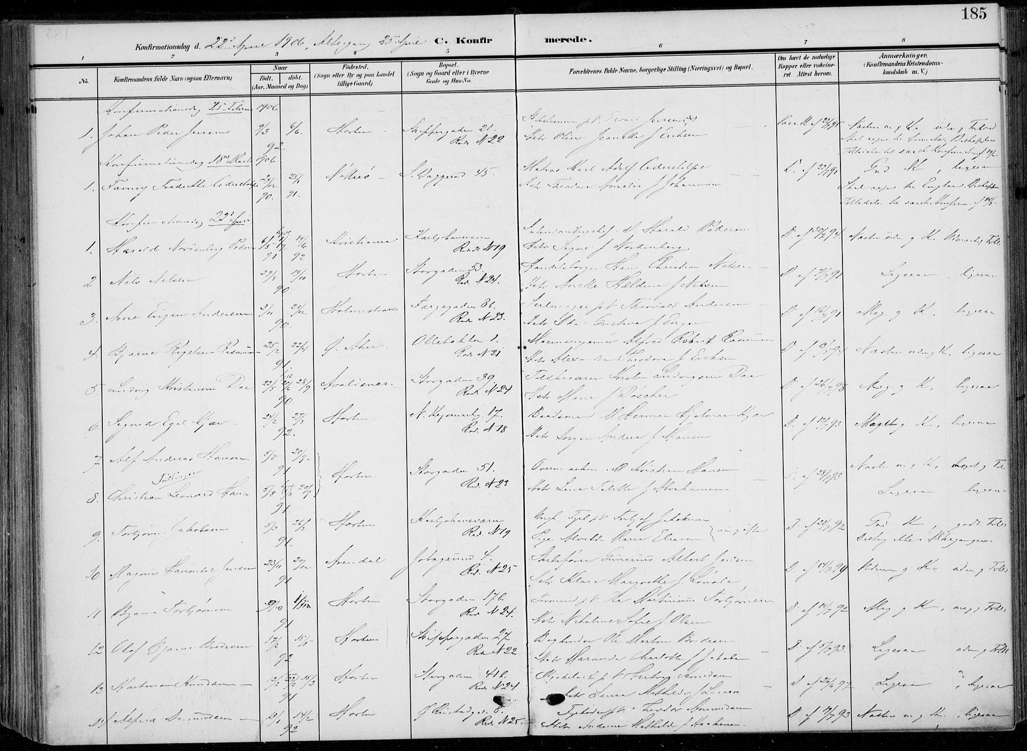 Horten kirkebøker, AV/SAKO-A-348/F/Fa/L0006: Parish register (official) no. 6, 1905-1912, p. 185