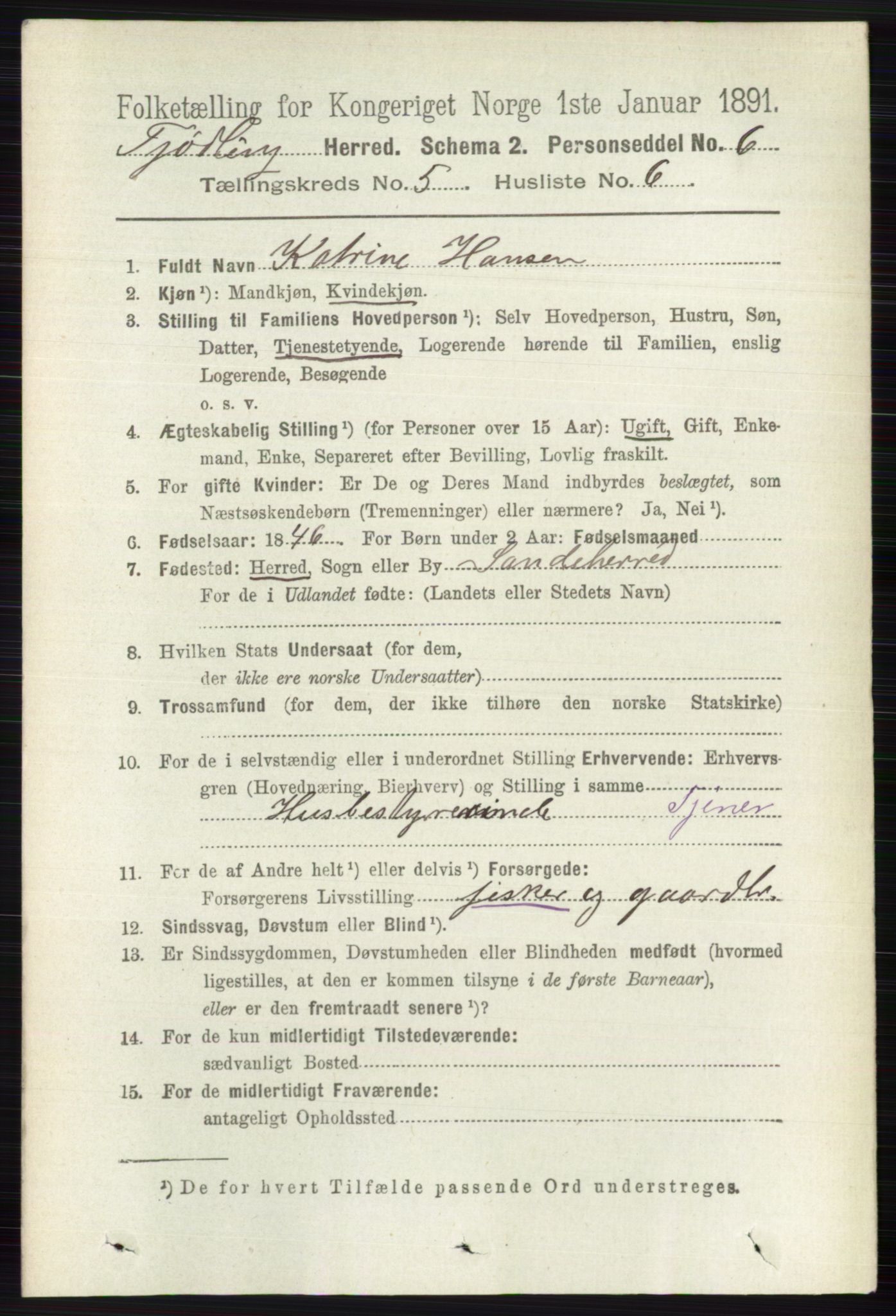 RA, 1891 census for 0725 Tjølling, 1891, p. 2016