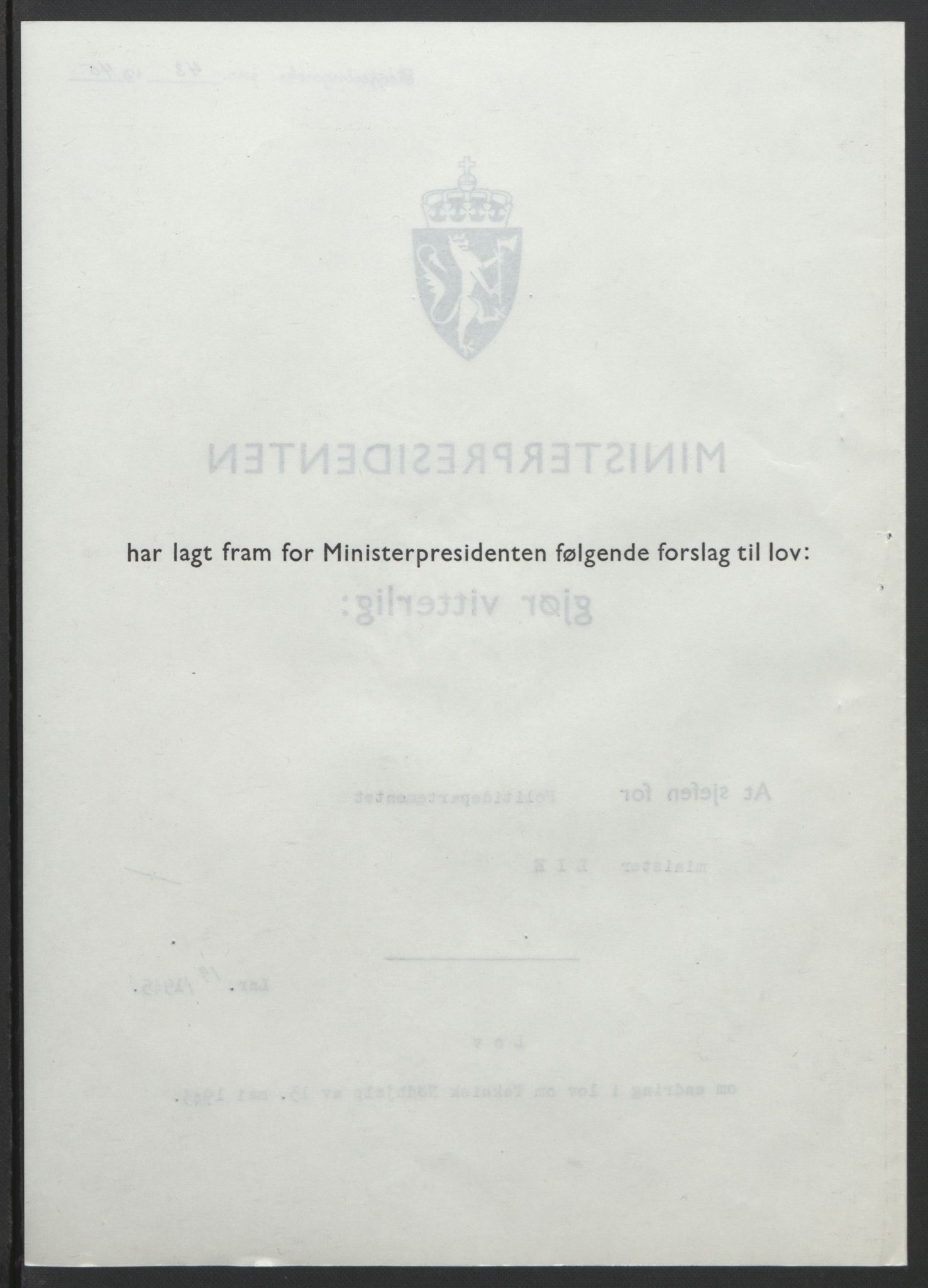 NS-administrasjonen 1940-1945 (Statsrådsekretariatet, de kommisariske statsråder mm), AV/RA-S-4279/D/Db/L0101/0001: -- / Lover og vedtak, 1945, p. 82