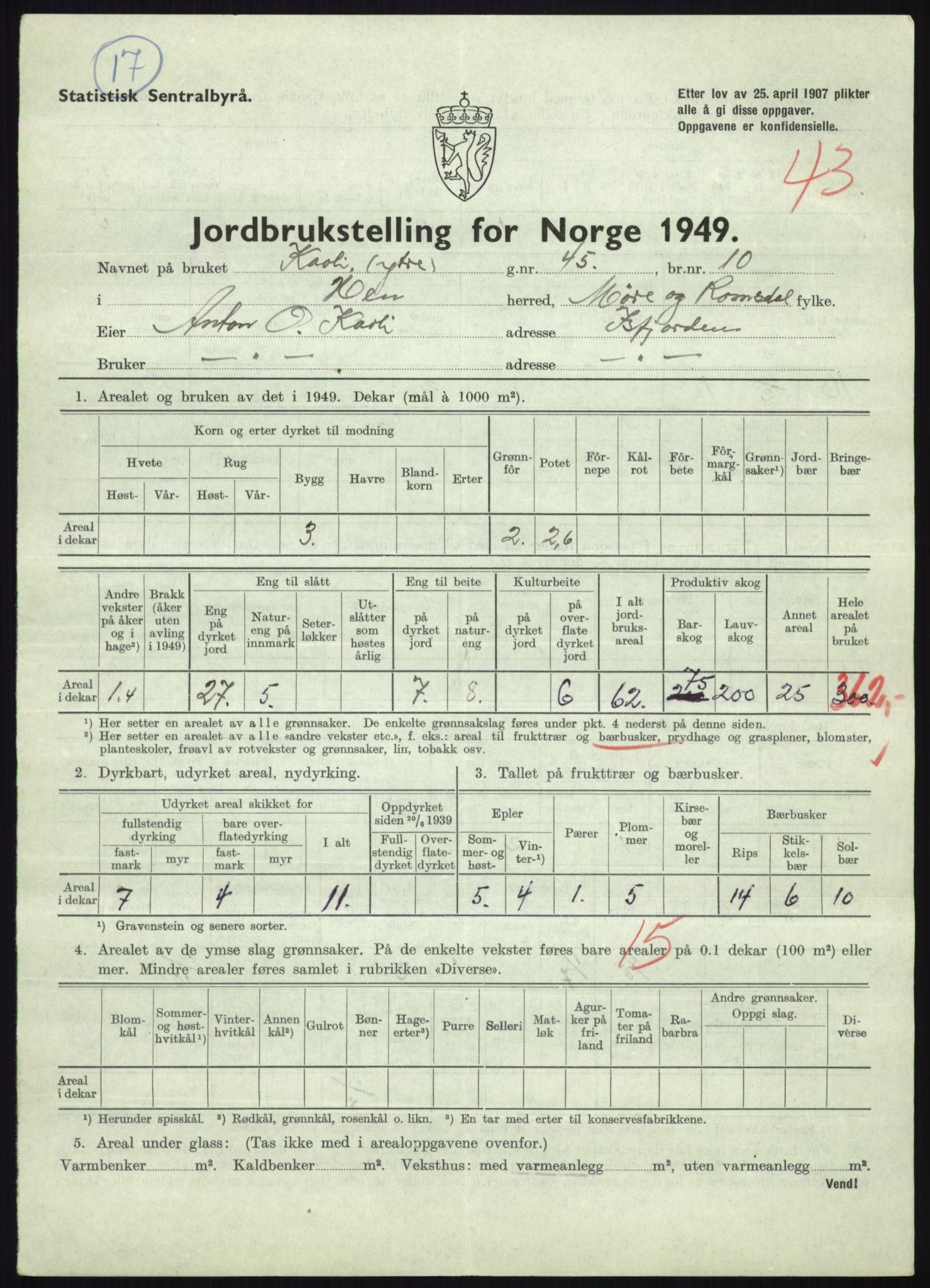 Statistisk sentralbyrå, Næringsøkonomiske emner, Jordbruk, skogbruk, jakt, fiske og fangst, AV/RA-S-2234/G/Gc/L0323: Møre og Romsdal: Grytten og Hen, 1949, p. 773