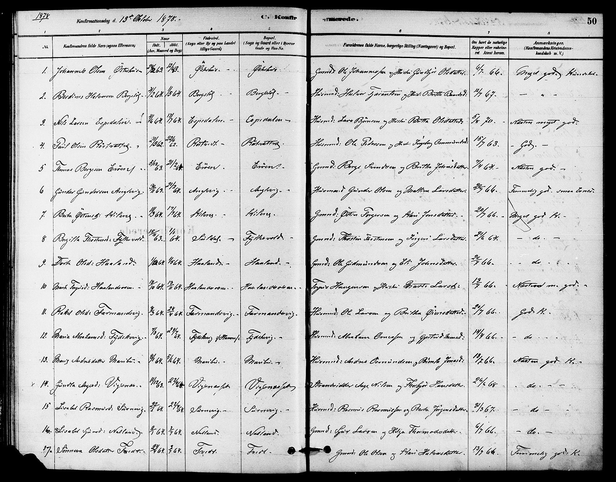 Jelsa sokneprestkontor, AV/SAST-A-101842/01/IV: Parish register (official) no. A 9, 1878-1898, p. 50