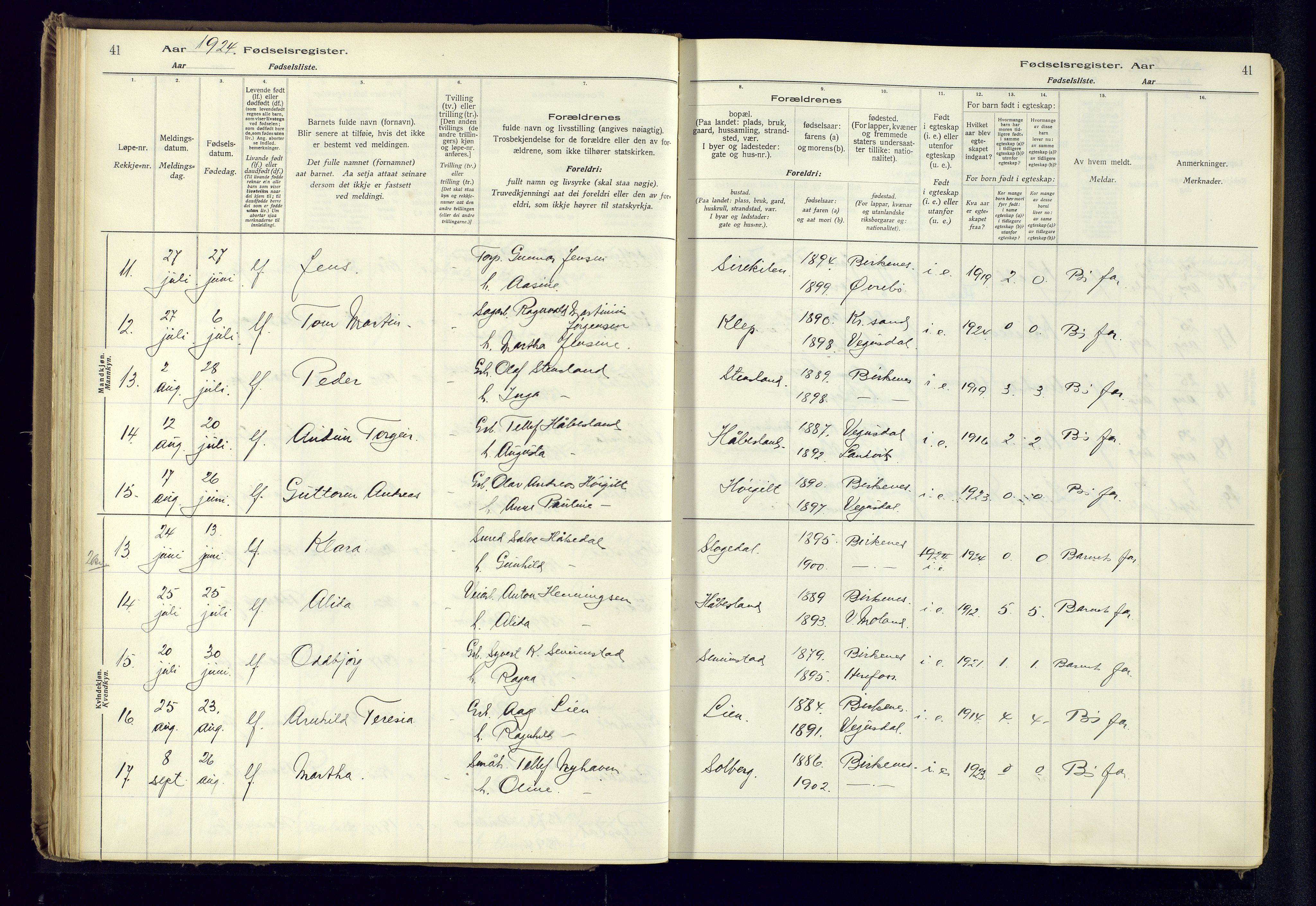 Birkenes sokneprestkontor, AV/SAK-1111-0004/J/Ja/L0001: Birth register no. II.6.4, 1916-1962, p. 41