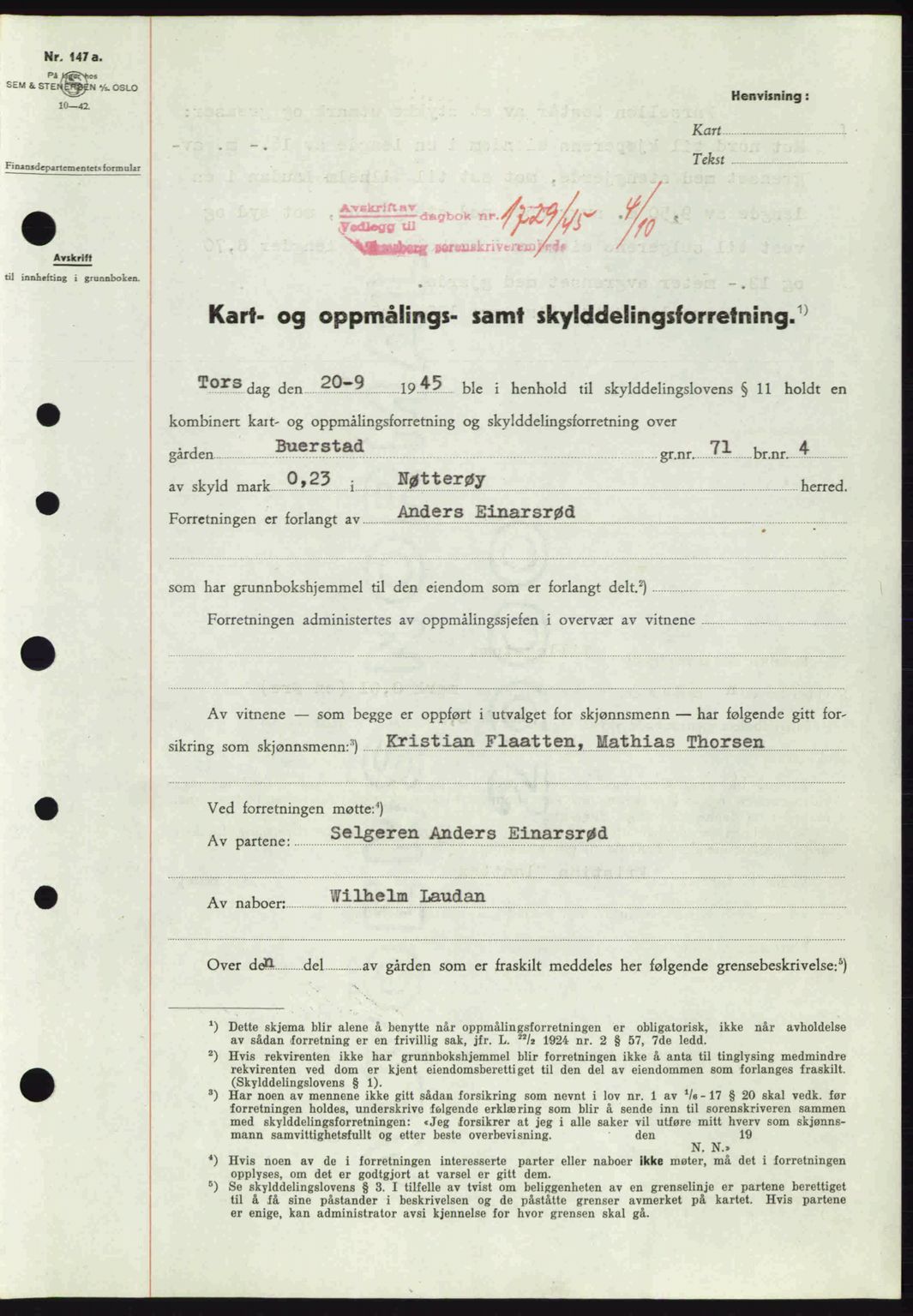 Tønsberg sorenskriveri, AV/SAKO-A-130/G/Ga/Gaa/L0017a: Mortgage book no. A17a, 1945-1945, Diary no: : 1729/1945