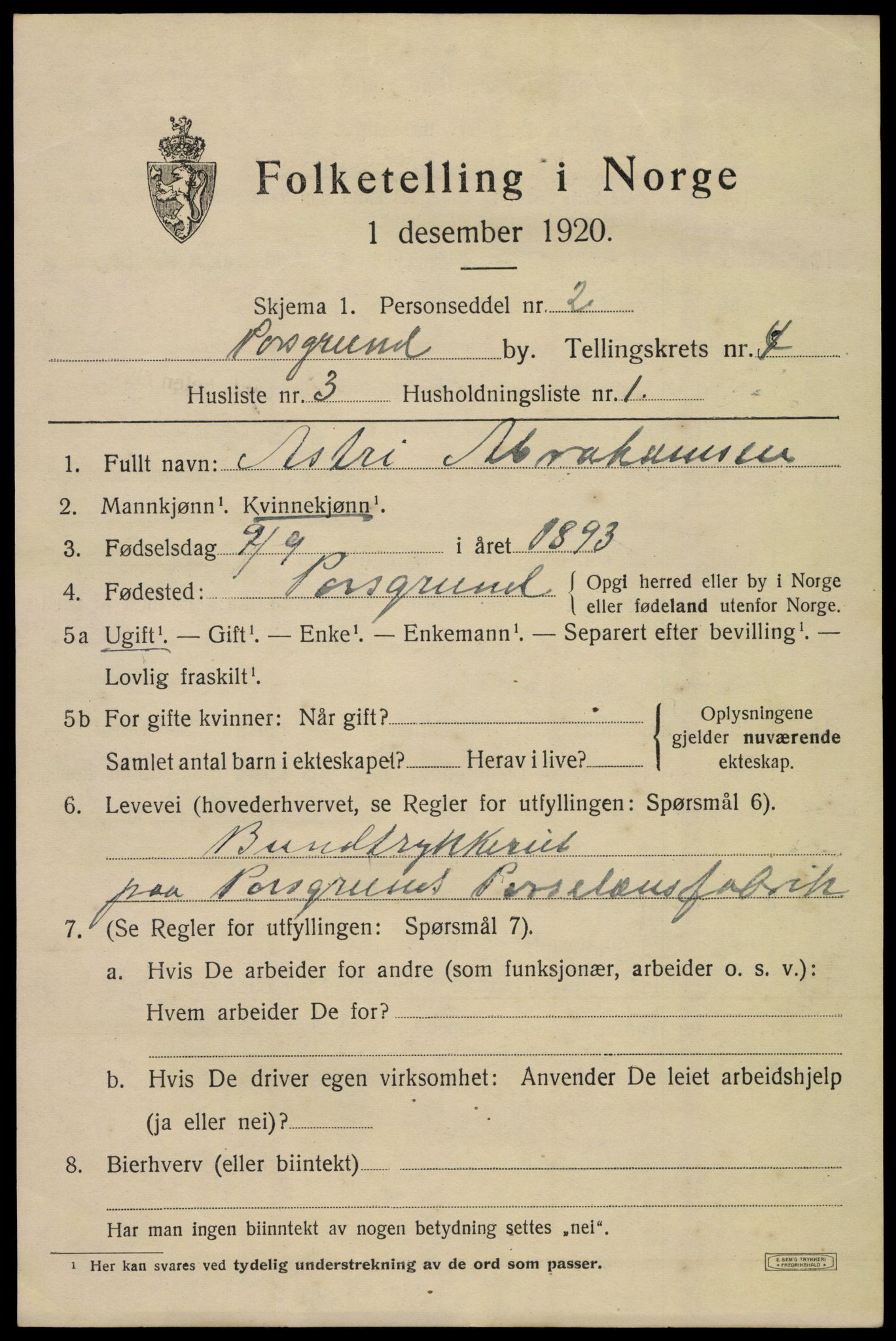 SAKO, 1920 census for Porsgrunn, 1920, p. 18909